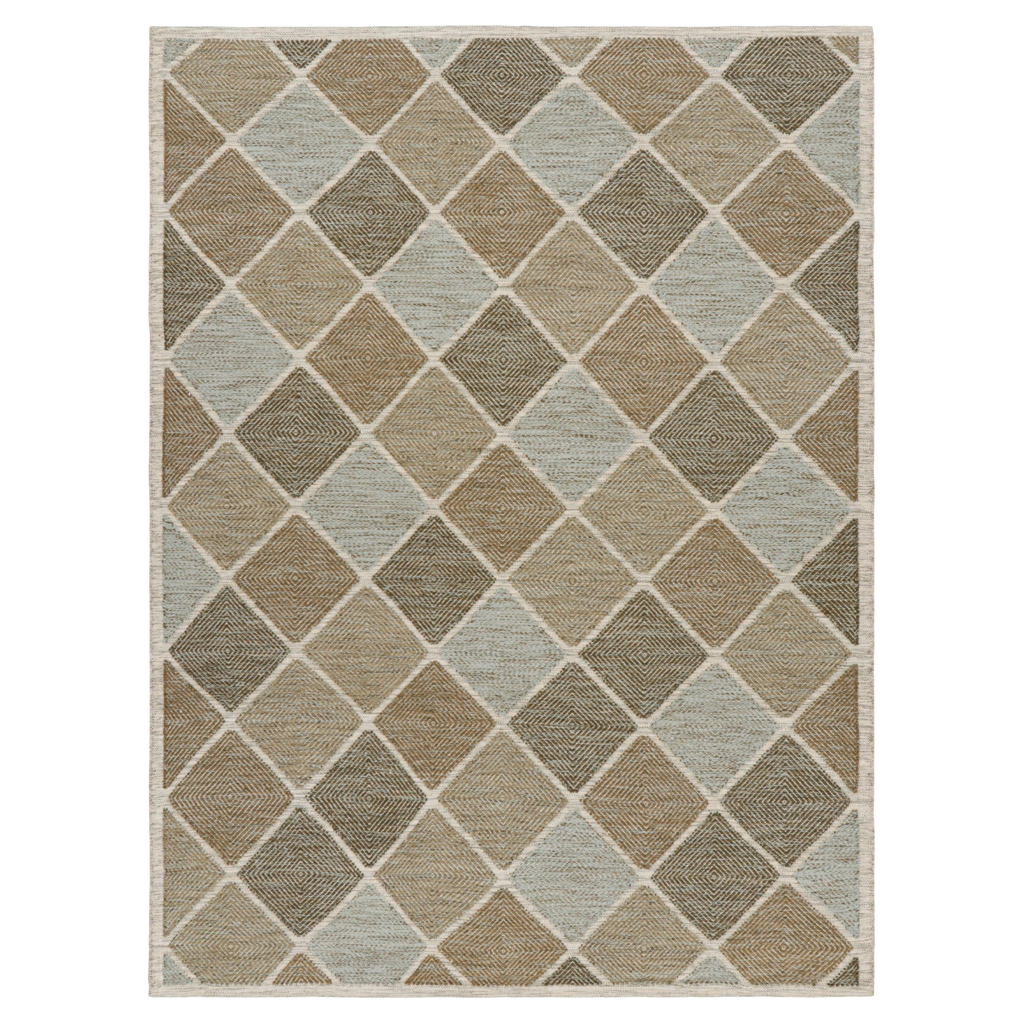 Rug & Kilim’s Scandinavian Style Rug in Beige-Brown & Blue Diamond Patterns