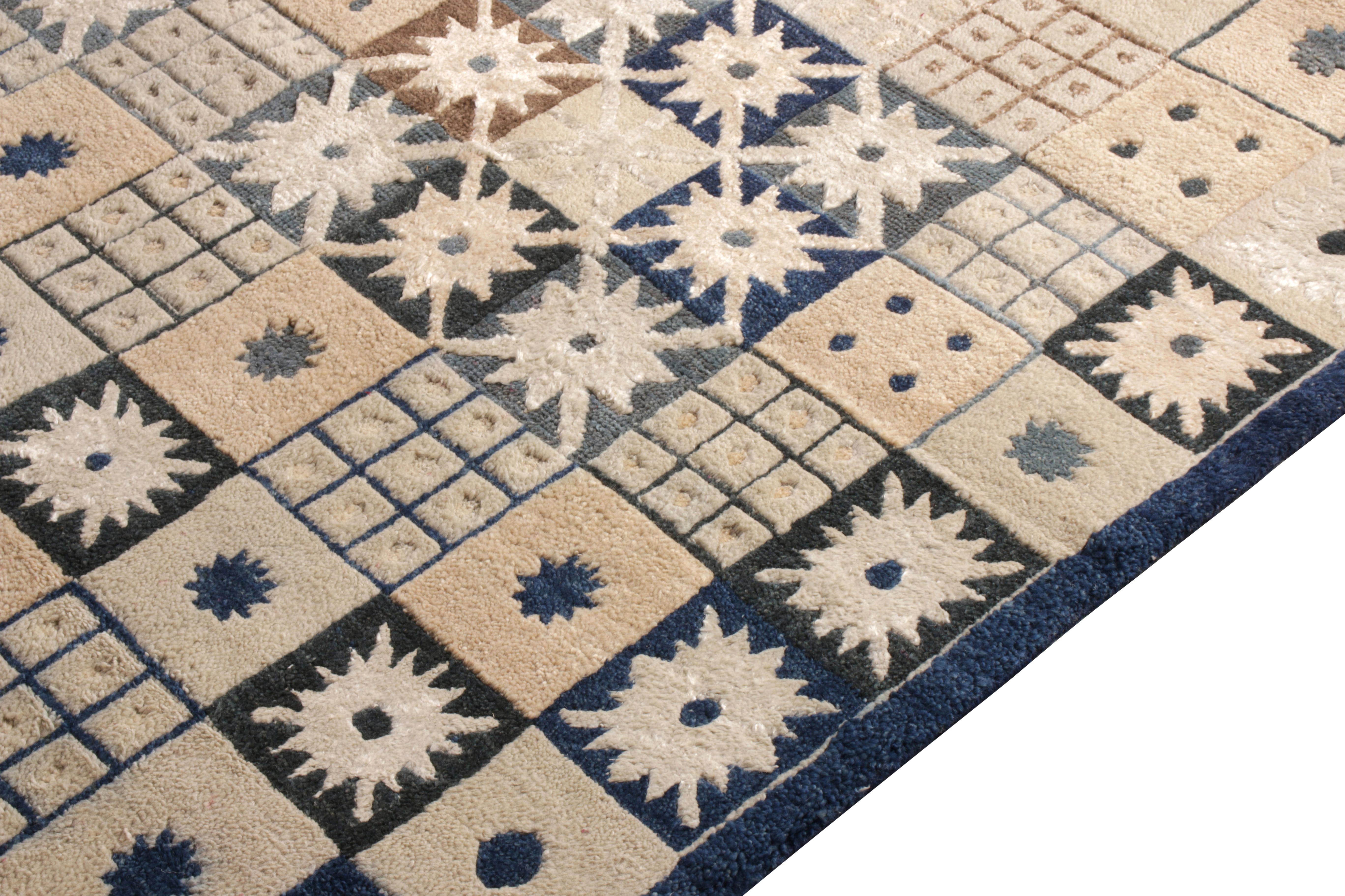 Indian Rug & Kilim’s Scandinavian Style Rug in Beige-Brown, Blue Geometric Pattern For Sale