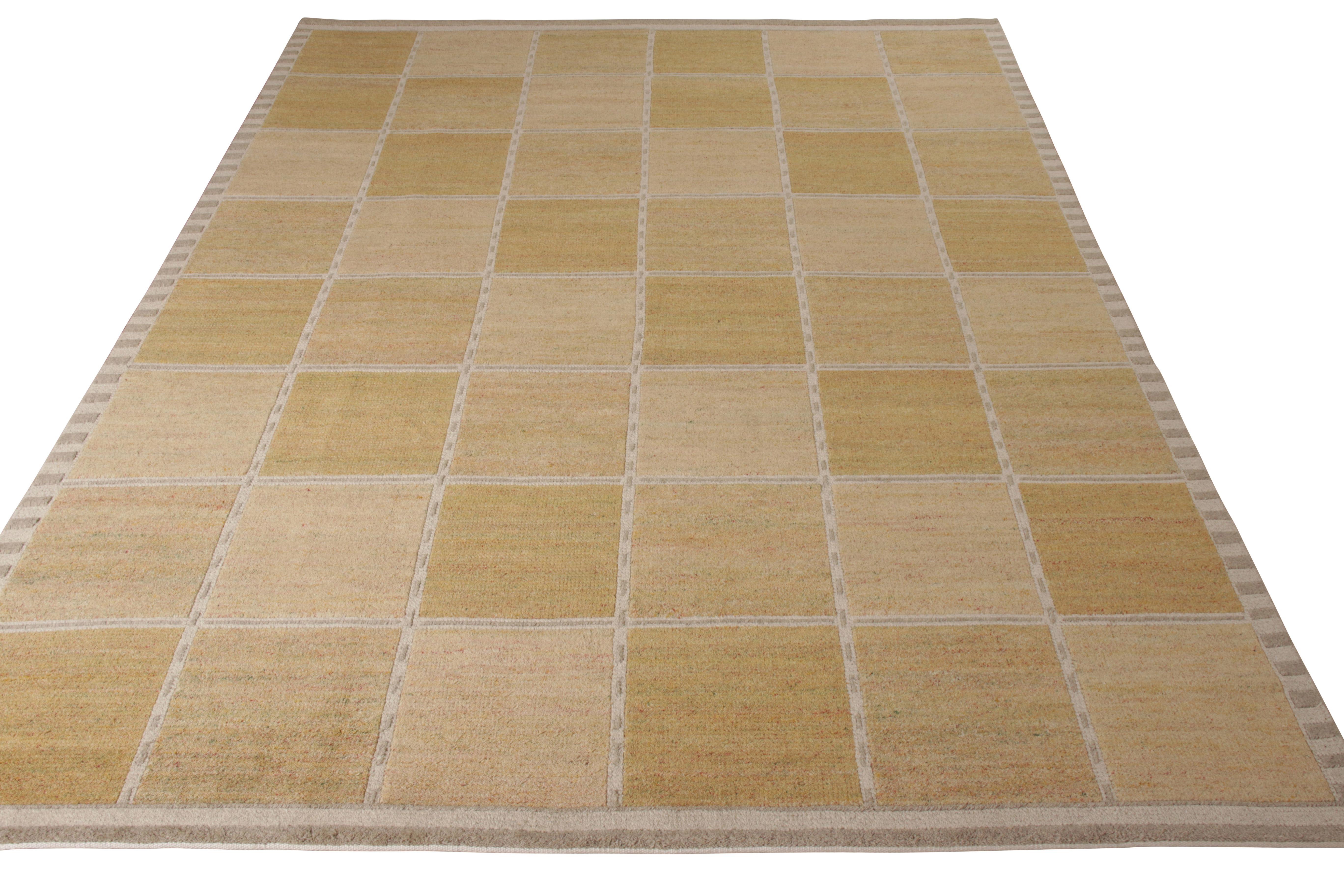 A 9 x 12' addition to Rug & Kilim’s Scandinavian Collection. Inclined towards Swedish Modernism, this rug is hand knotted in wool with the geometric patterns annealed in vintage shade palette that relishes mid century aesthetics. Enjoying the