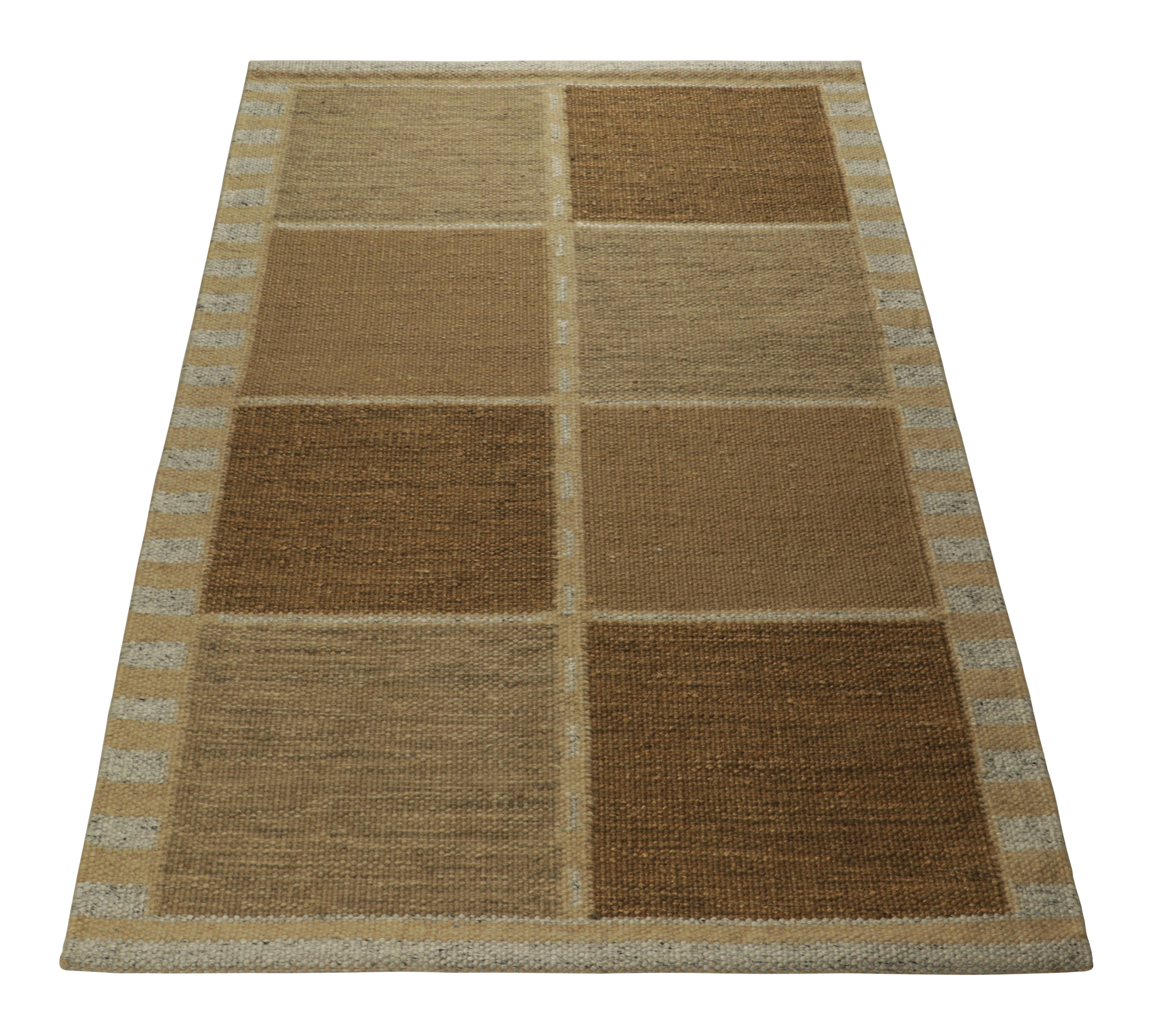 Indian Rug & Kilim’s Scandinavian Style Rug in Beige-Brown, with Blue Geometric Pattern For Sale