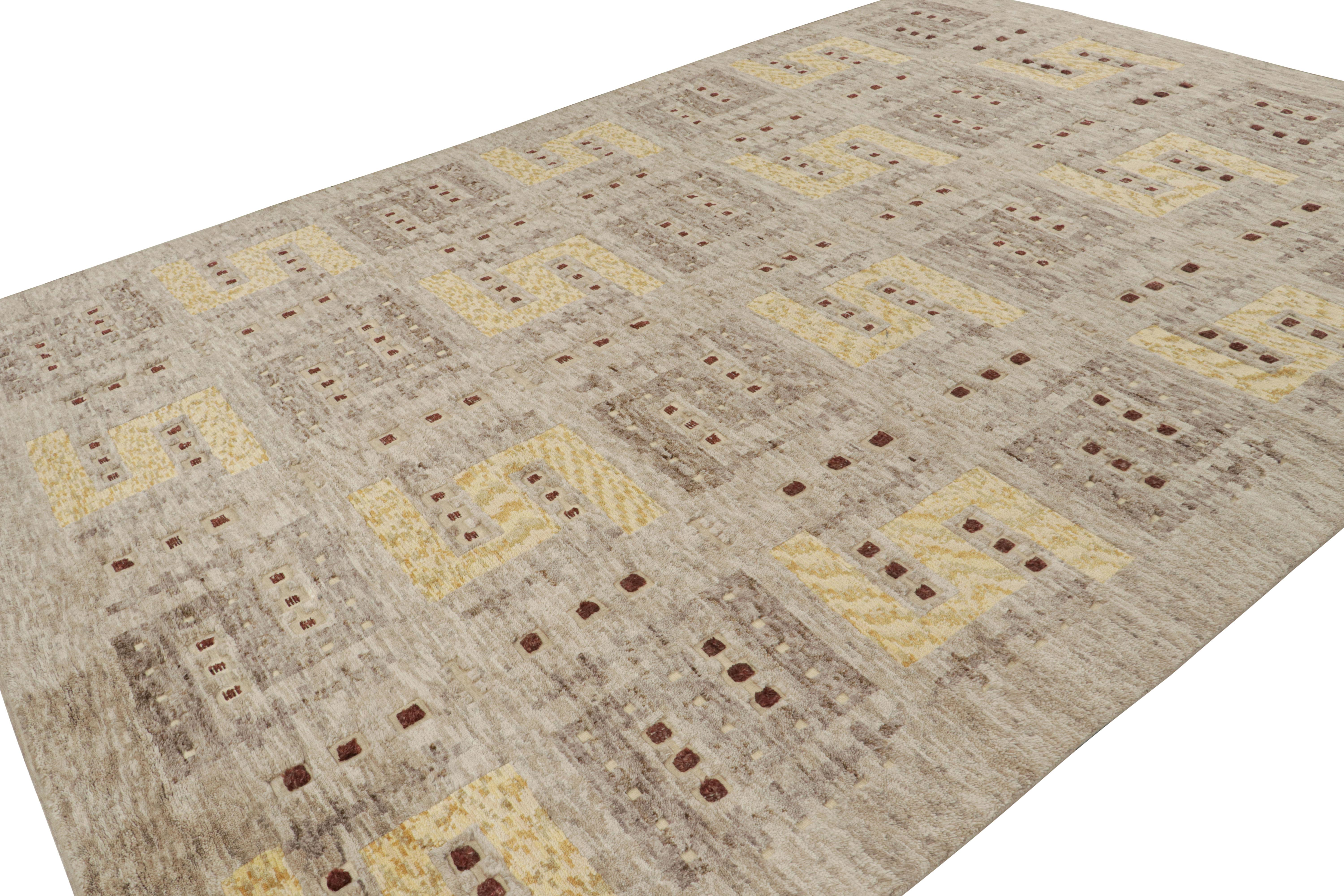 Dieser 10x14 große schwedische Kilim-Teppich gehört zu den Flachgeweben der skandinavischen Teppichkollektion von Rug & Kilim. Das Design des handgeknüpften Wollteppichs ist inspiriert von Rollakhan- und Rya-Teppichen im schwedischen Deco-Stil.