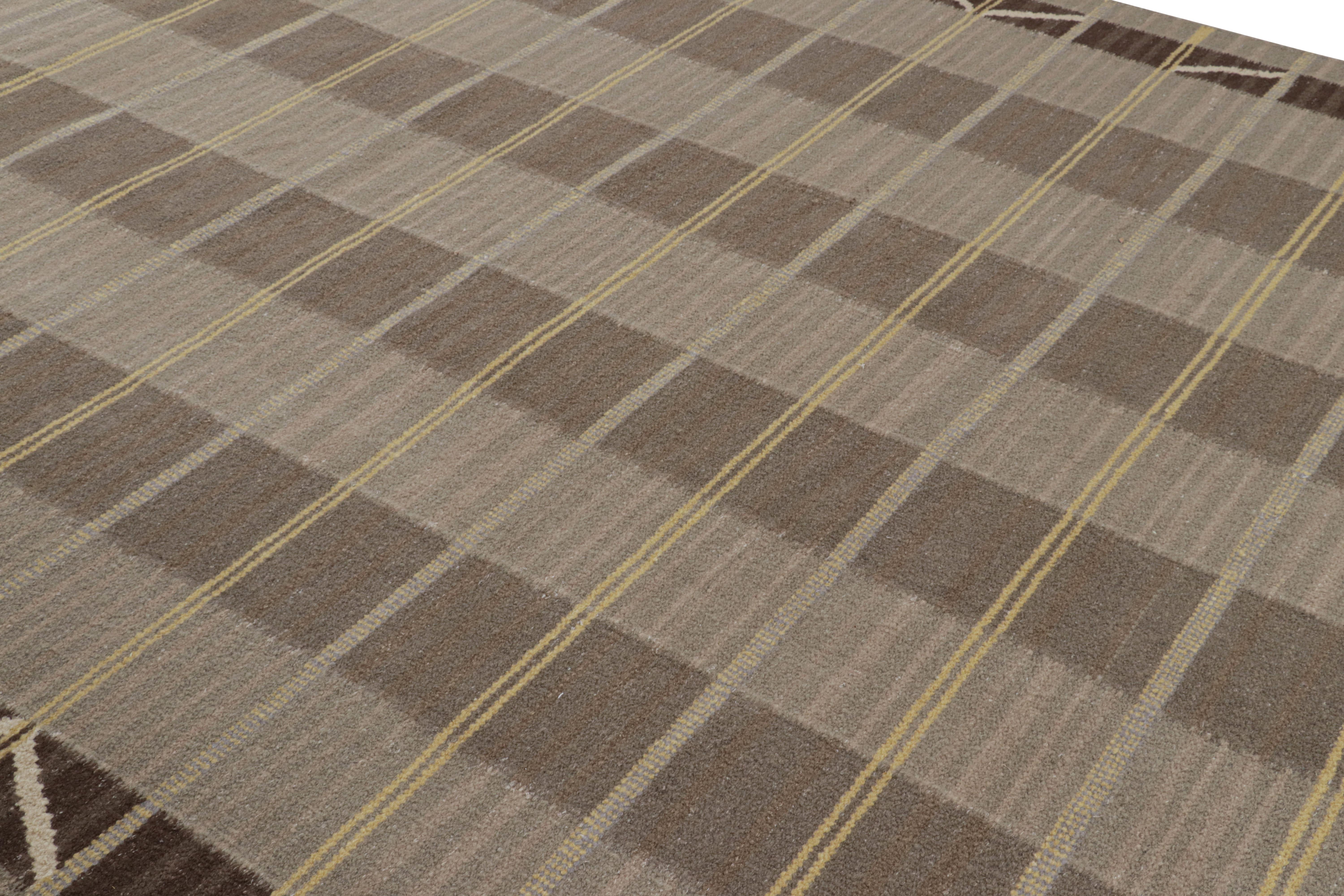 Dieser schwedische Teppich im Format 9x12 ist eine kühne Neuheit in der skandinavischen Kollektion von Rug & Kilim. Das Design ist von schwedischem Minimalismus inspiriert und wird aus einer Mischung aus Wolle und exotischen Garnen handgewebt.

Über