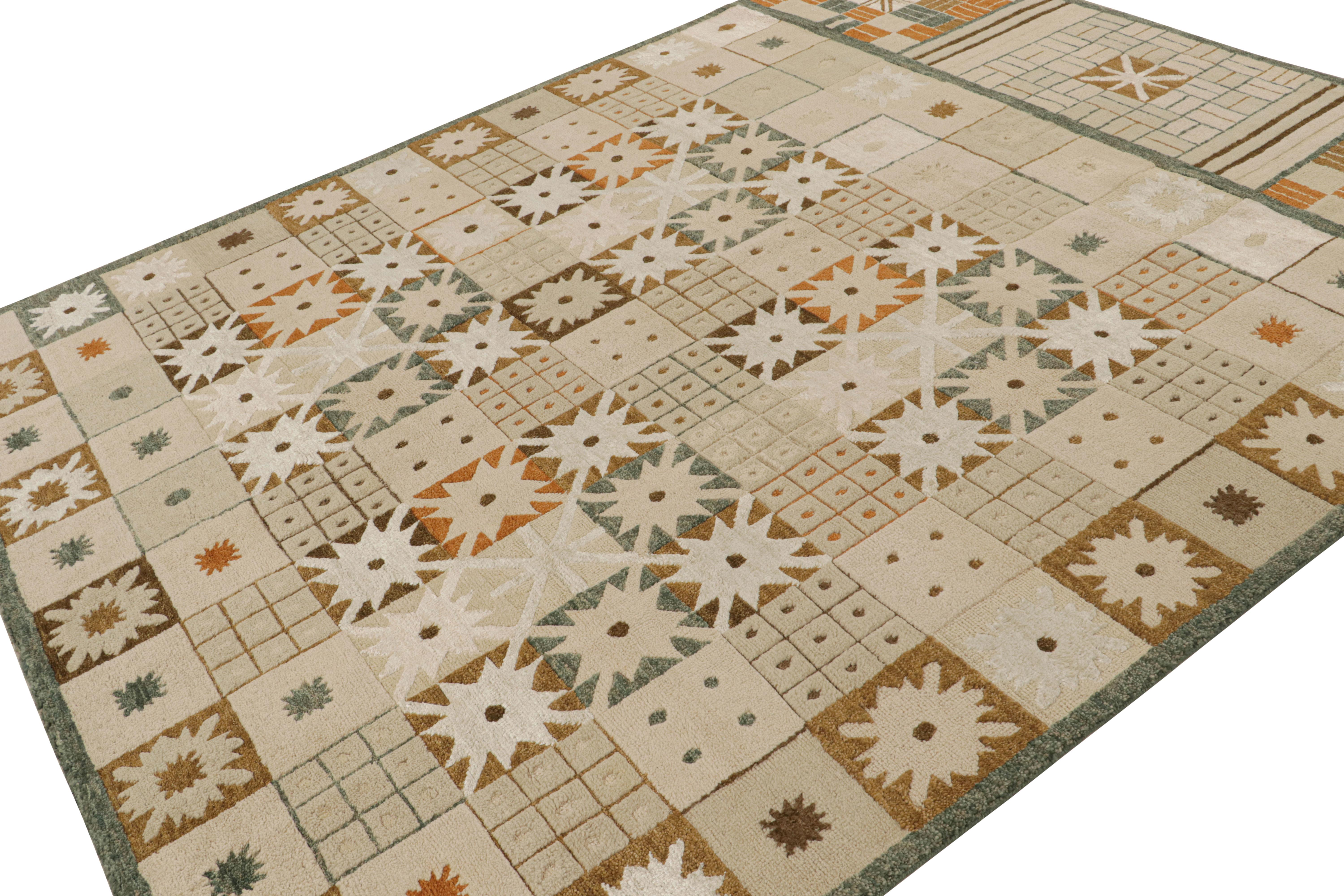 Ce modèle de tapis suédois 8x10 est issu des tissages plats de la collection de tapis scandinaves de Rug & Kilim. Noué à la main en laine, son design présente une subtile texture high-low mariée à la géométrie. 

Sur le Design : 

Les connaisseurs