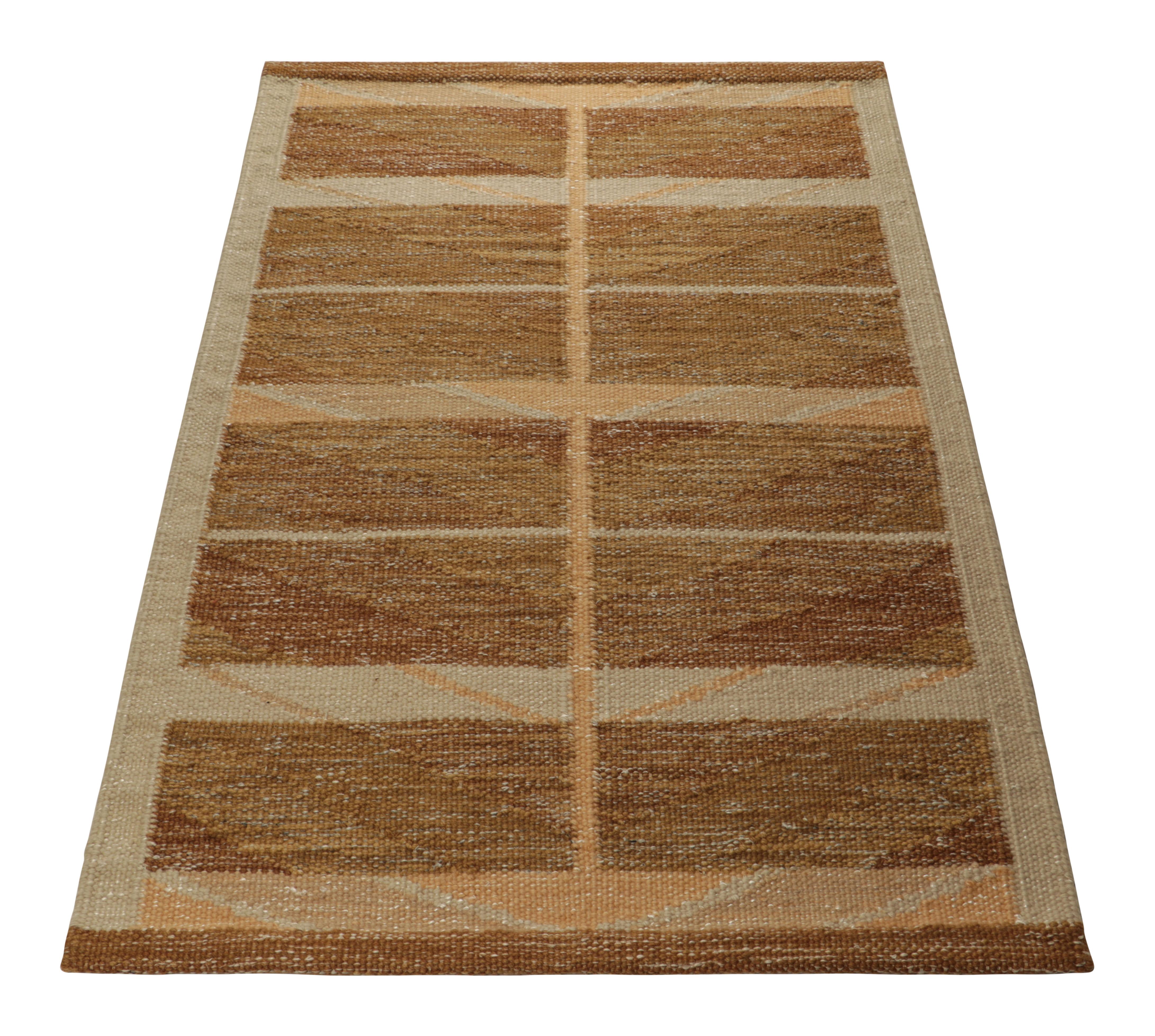 Indian Rug & Kilim’s Scandinavian Style Rug in Beige-Brown, with Geometric Patterns For Sale