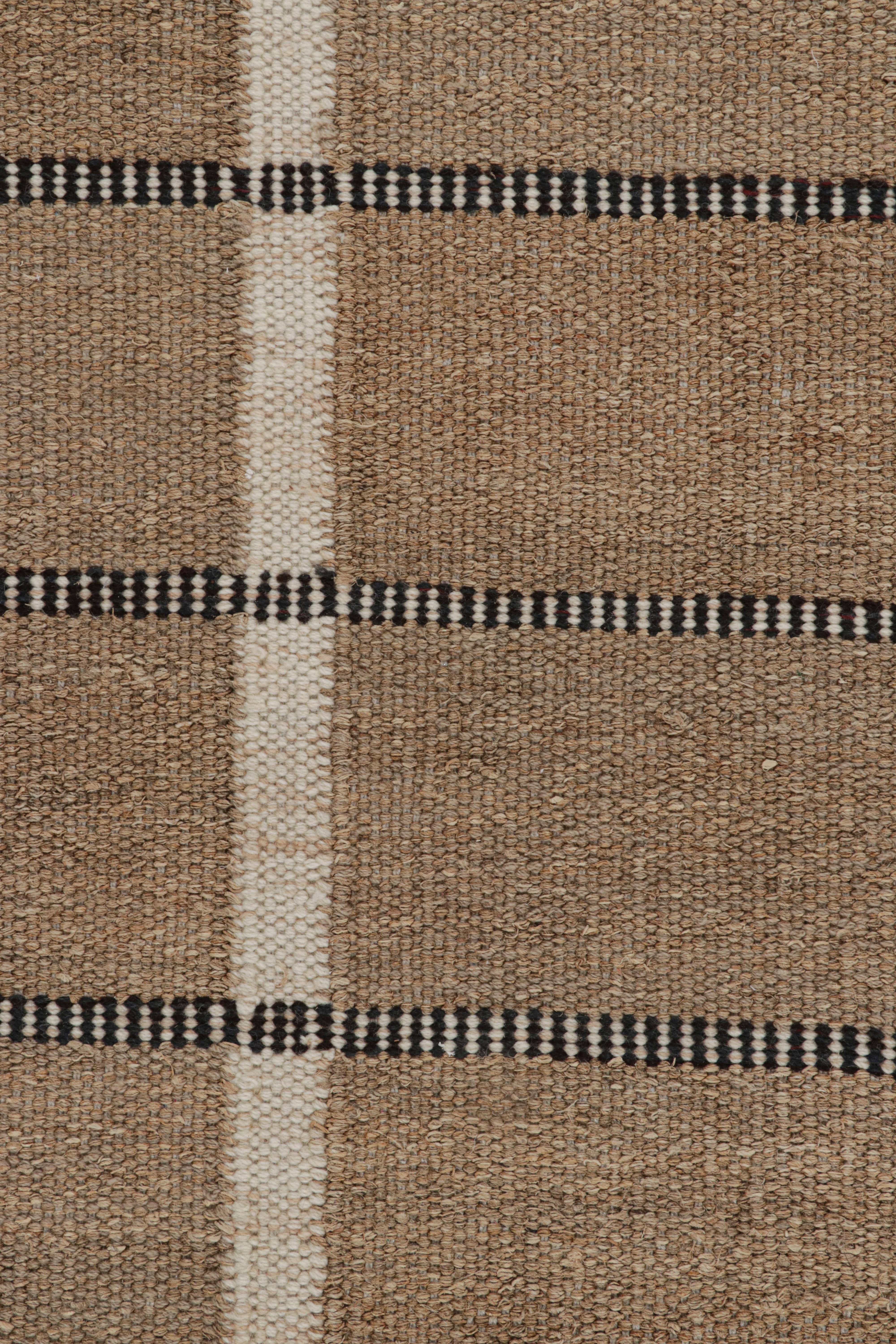 Modern Rug & Kilim’s Scandinavian Style Rug in Beige-Brown with White and Blue Stripes For Sale