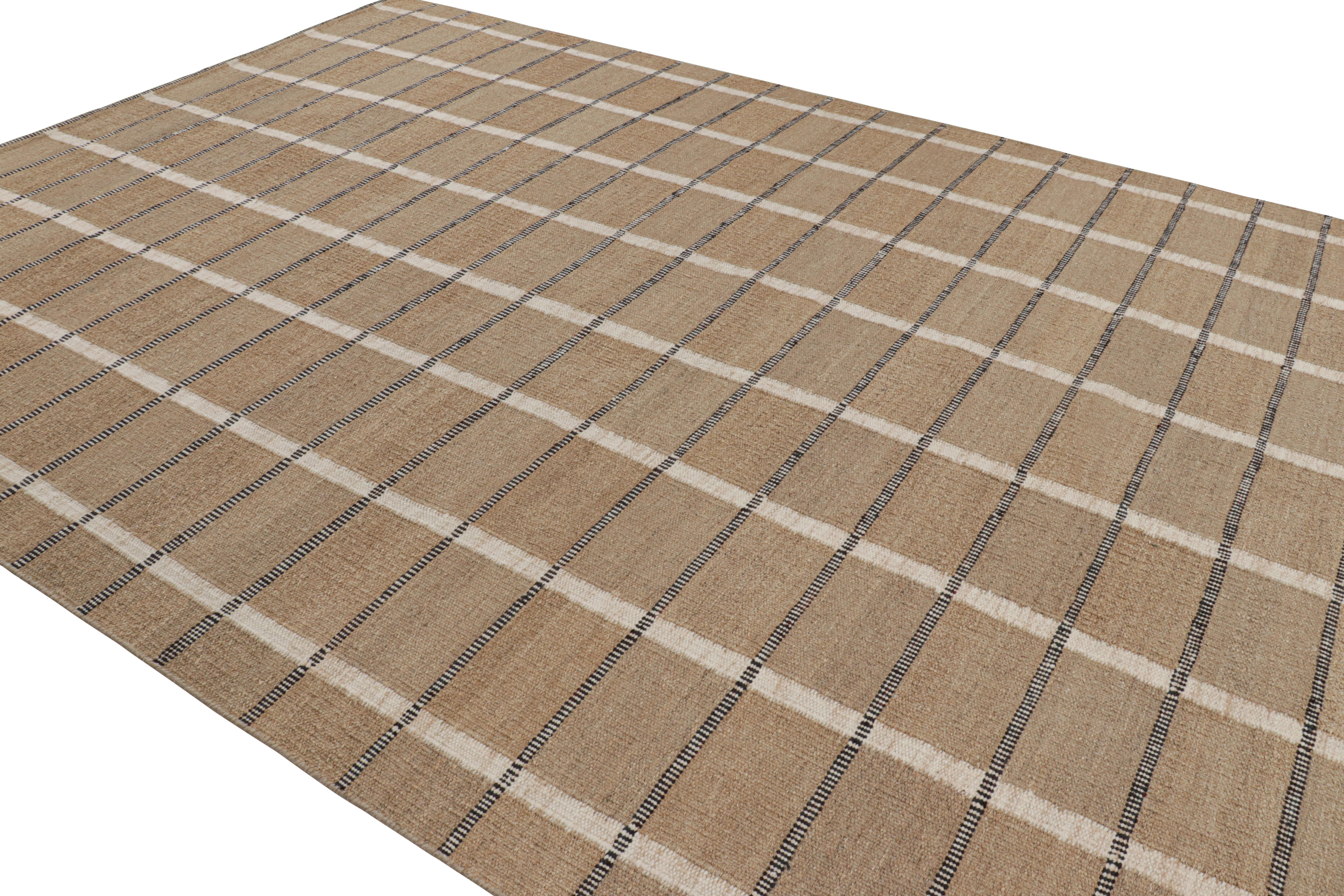 Indian Rug & Kilim’s Scandinavian Style Rug in Beige-Brown with White and Blue Stripes For Sale