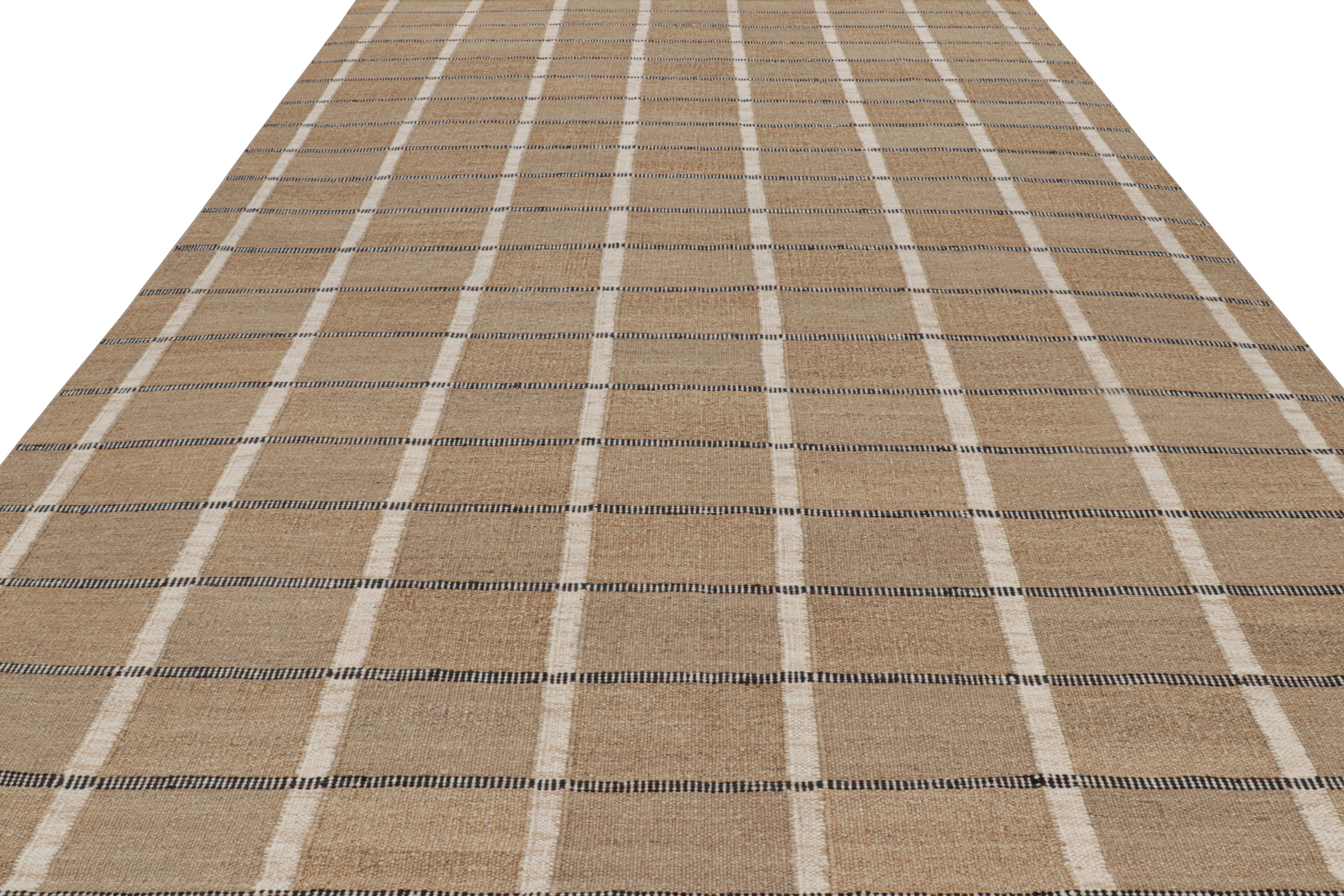 Hand-Woven Rug & Kilim’s Scandinavian Style Rug in Beige-Brown with White and Blue Stripes For Sale