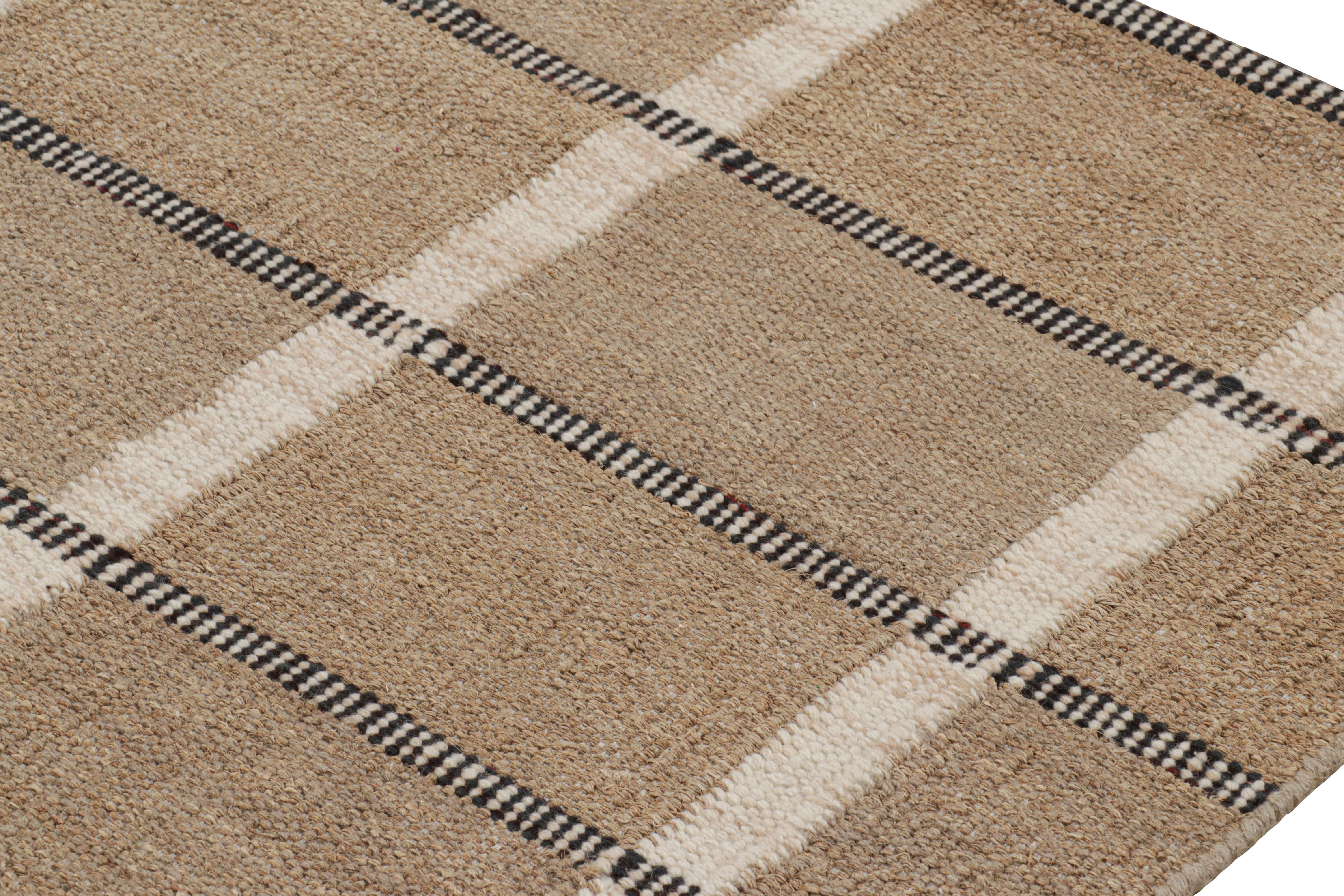 Rug & Kilim’s Scandinavian Style Rug in Beige-Brown with White and Blue Stripes In New Condition For Sale In Long Island City, NY