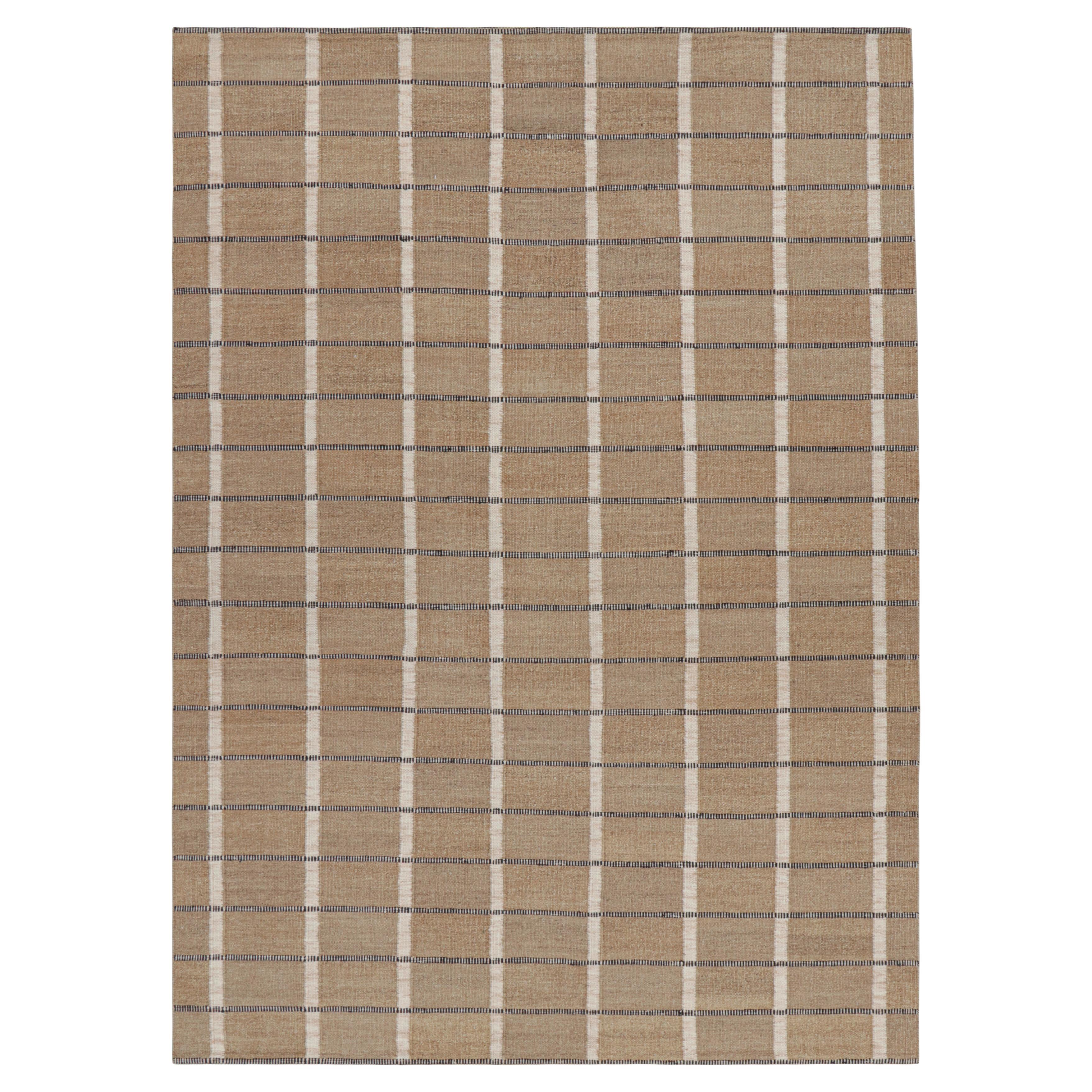 Rug & Kilim’s Scandinavian Style Rug in Beige-Brown with White and Blue Stripes For Sale