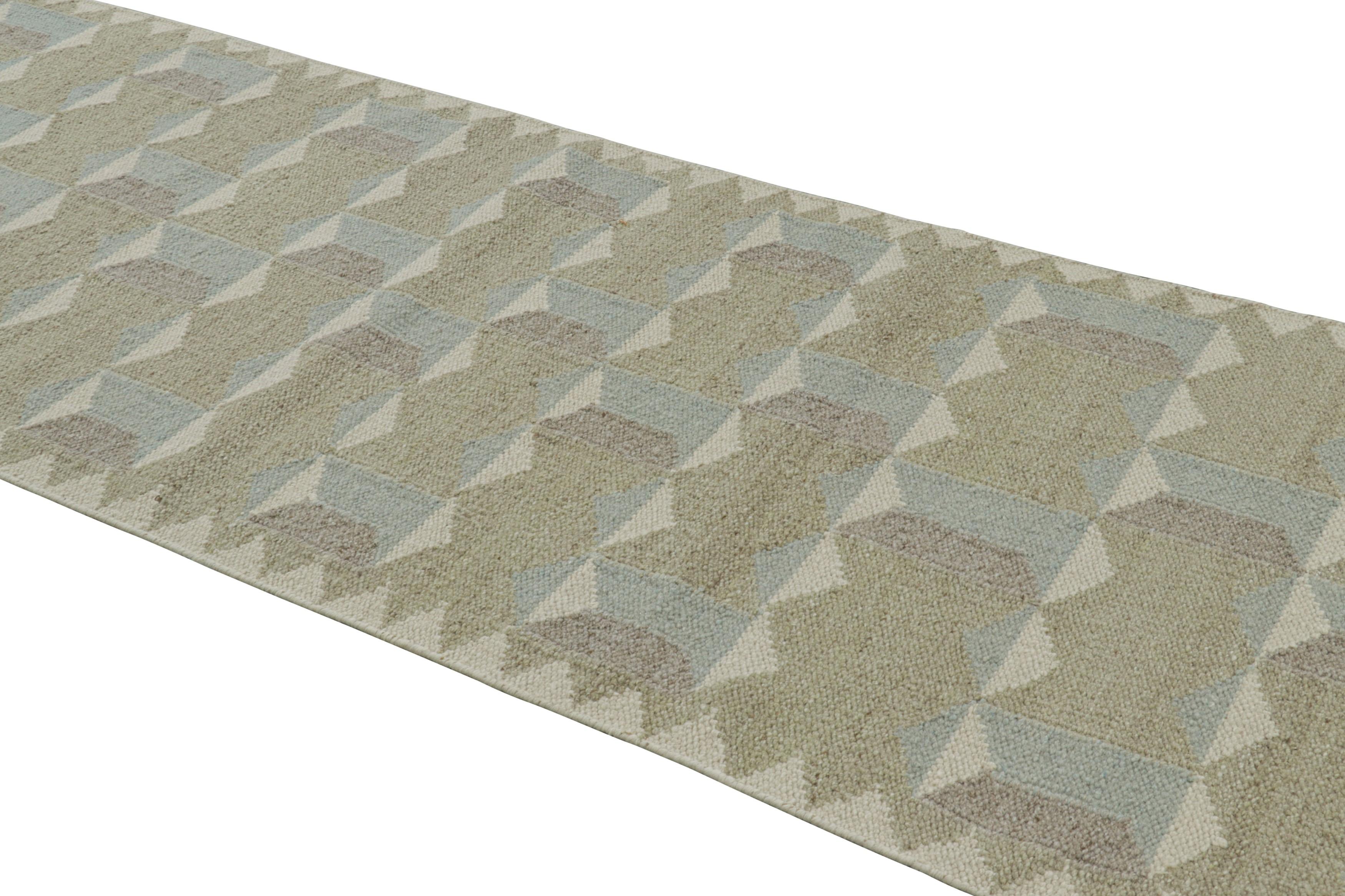 Dieser handgewebte Wollteppich in 4x12 ist eine aufregende neue Ergänzung der skandinavischen Teppichkollektion von Rug & Kilim - eine zeitgenössische Neuinterpretation des schwedischen Minimalismus und der Vintage-Teppiche und Textilien der