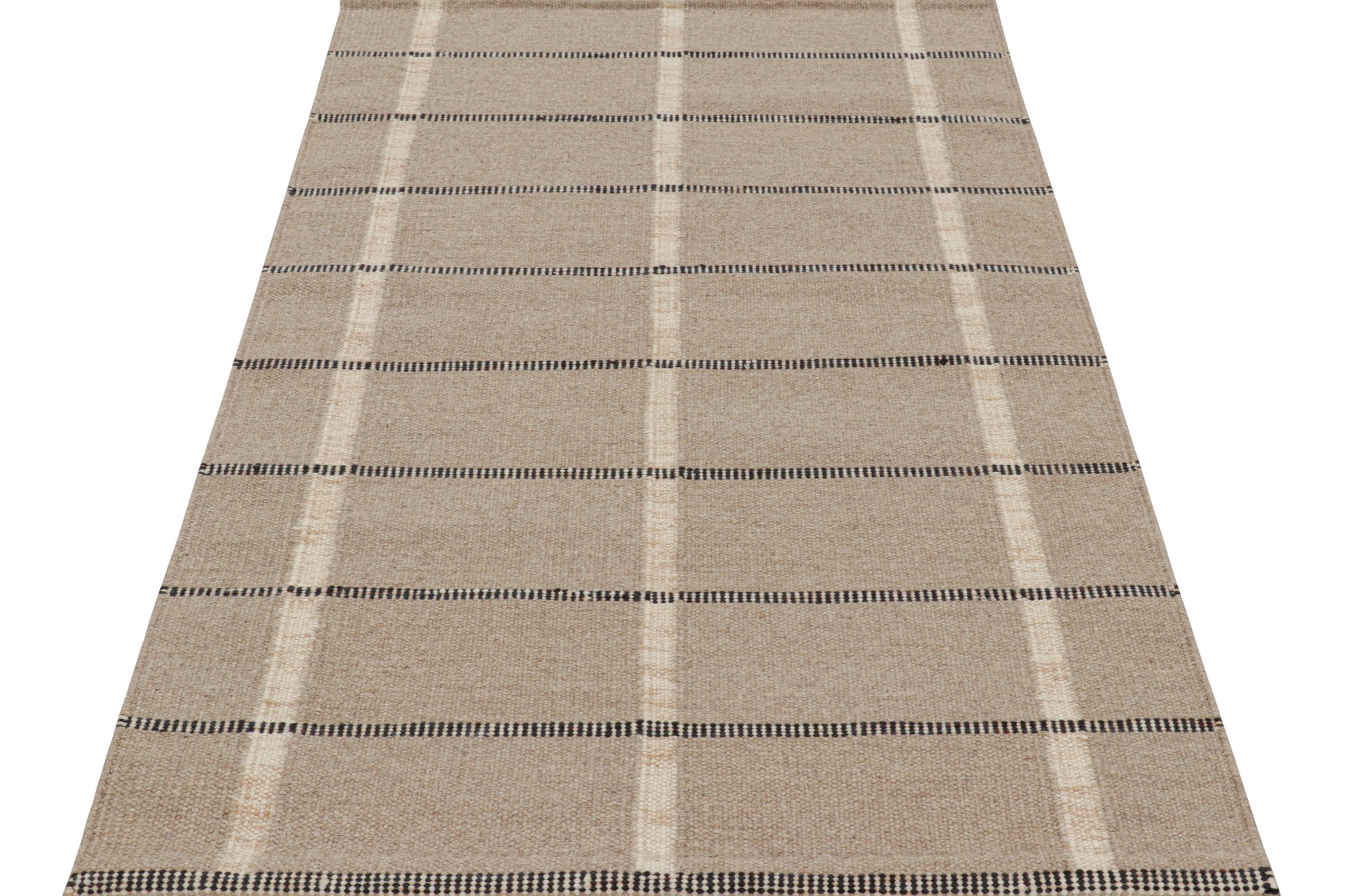 Indian Rug & Kilim’s Scandinavian Style Rug In Beige with Black & White Stripes For Sale