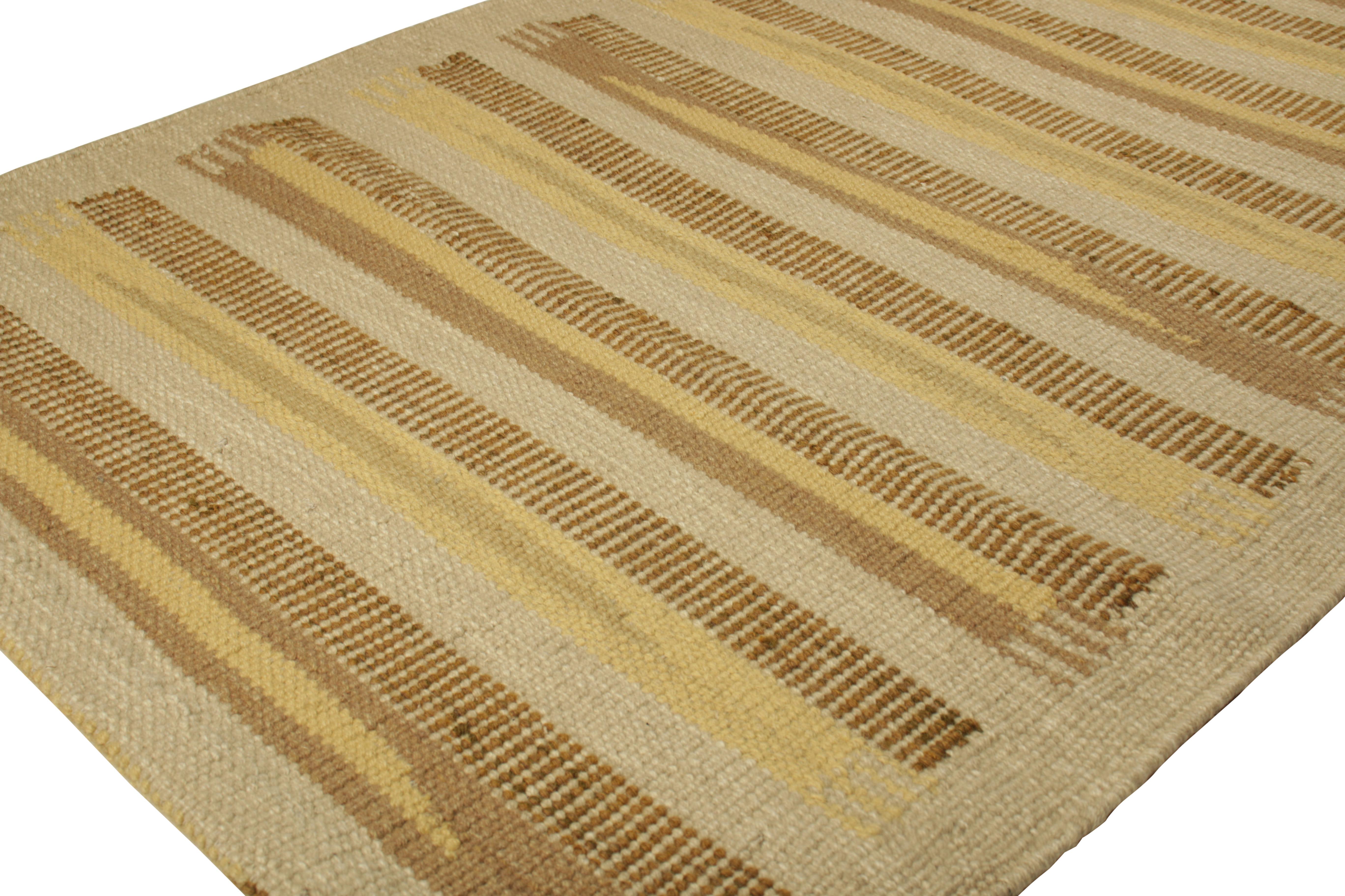 Modern Rug & Kilim’s Scandinavian Style Rug in Beige, with Brown and Gold Stripes For Sale
