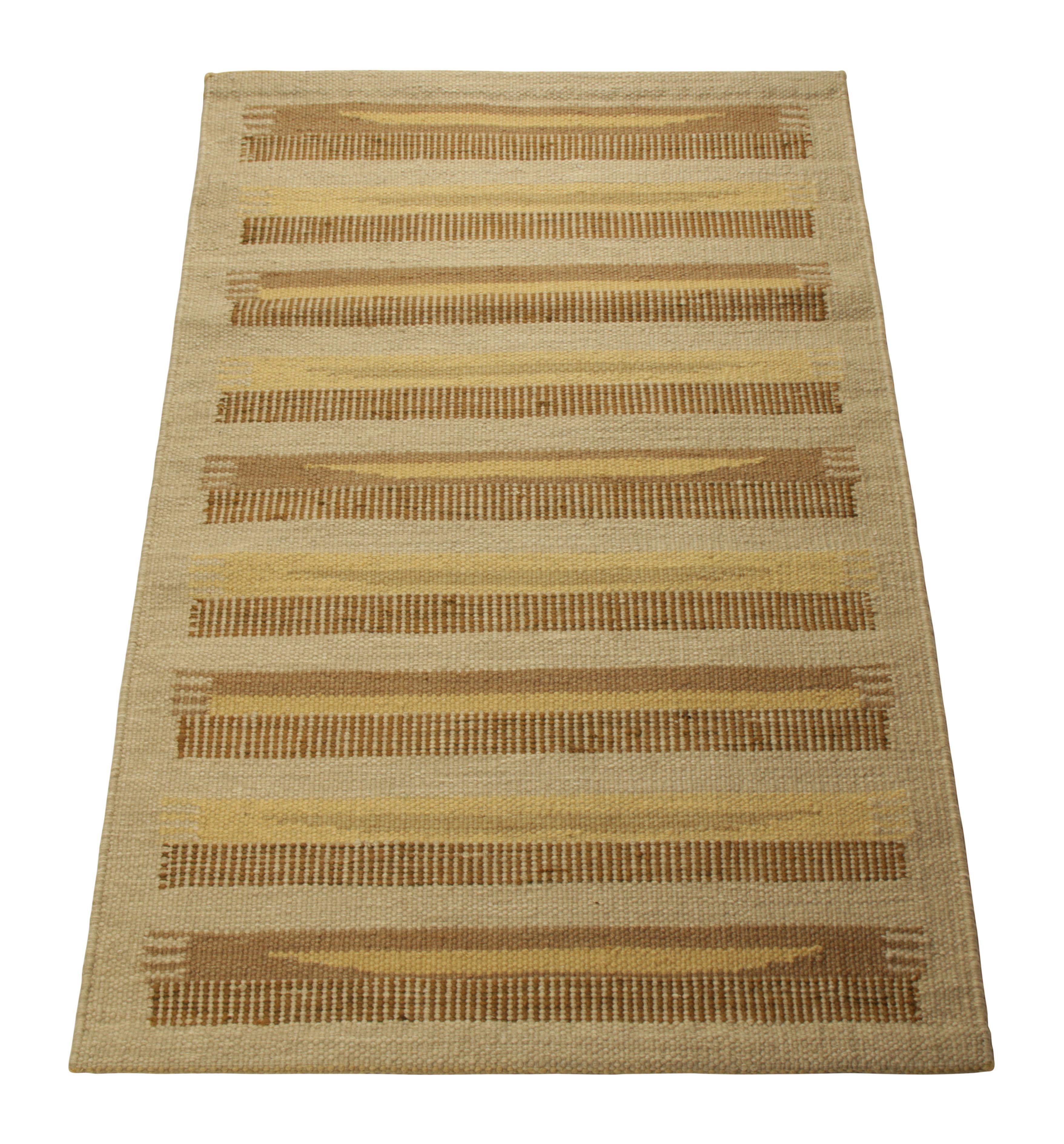 Indian Rug & Kilim’s Scandinavian Style Rug in Beige, with Brown and Gold Stripes For Sale