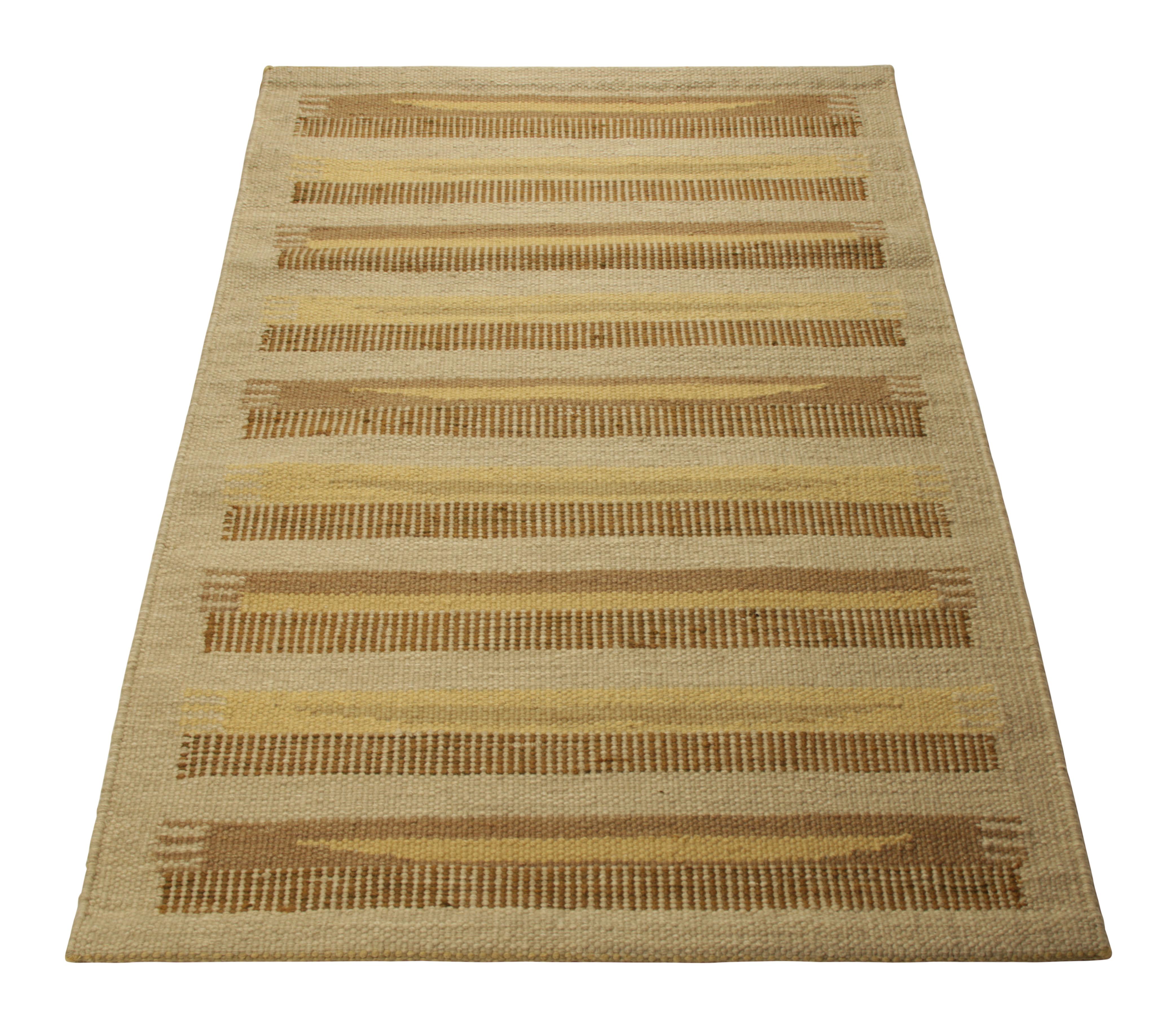 Hand-Woven Rug & Kilim’s Scandinavian Style Rug in Beige, with Brown and Gold Stripes For Sale