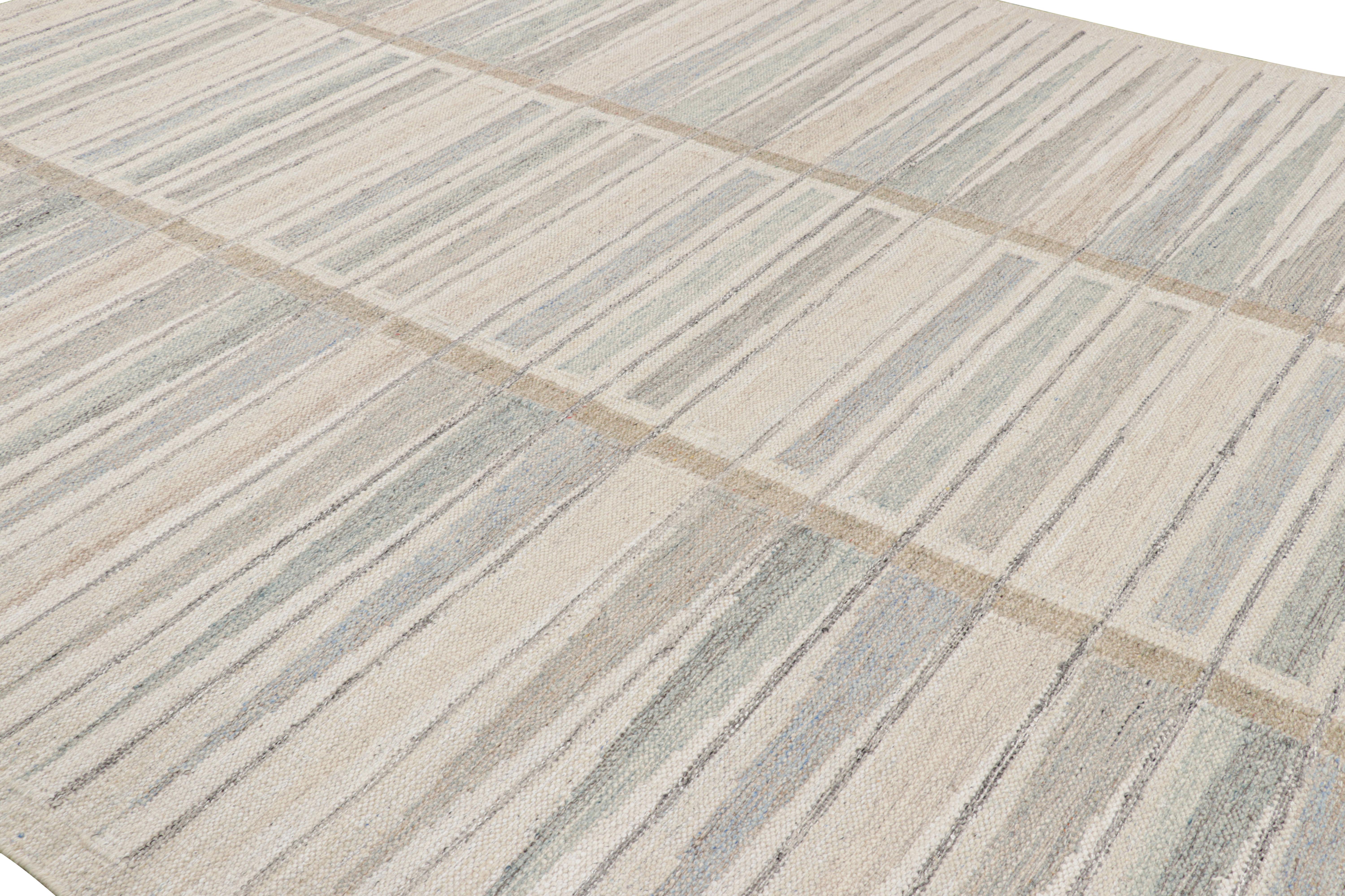 Ce kilim scandinave 10x14, tissé à la main en laine, issu de notre célèbre texture de tissage plat de la collection titrée et primée, bénéficie de la finesse de l'esthétique suédoise avec un motif géométrique. 

Sur le design : 

Les admirateurs de