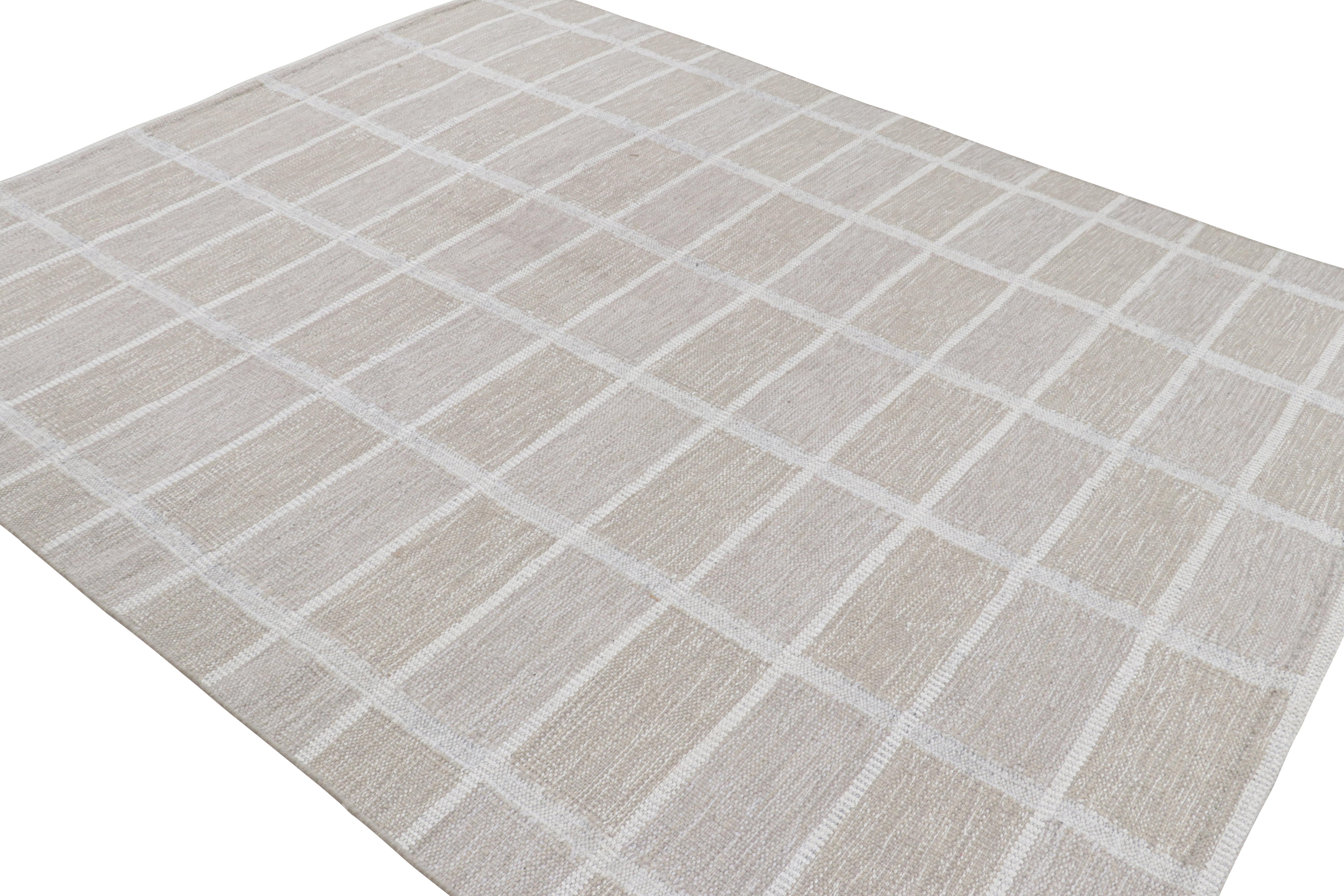 Indian Rug & Kilim’s Scandinavian Style Rug in Beige with Gray and White Grid Patterns For Sale