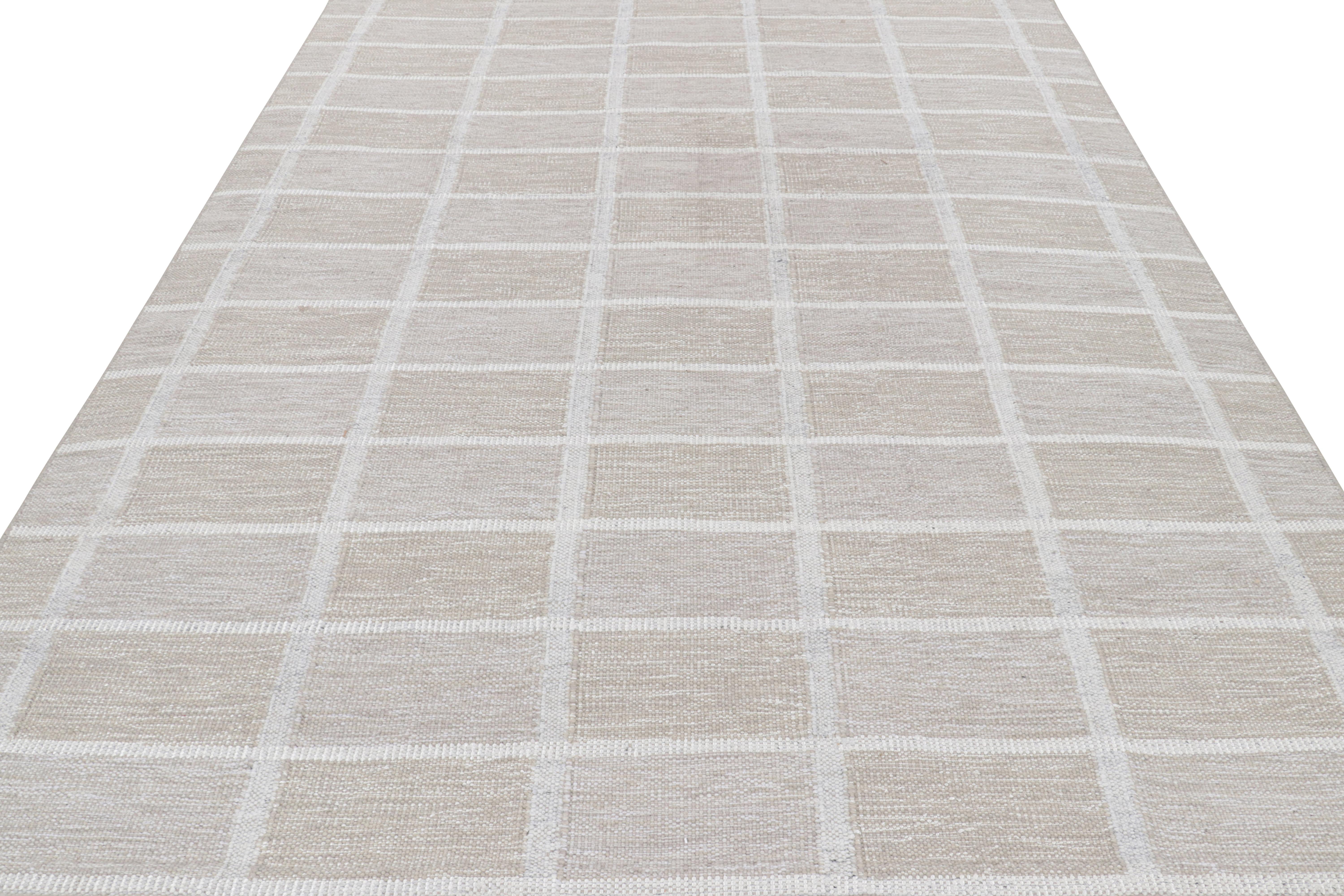 Hand-Woven Rug & Kilim’s Scandinavian Style Rug in Beige with Gray and White Grid Patterns For Sale