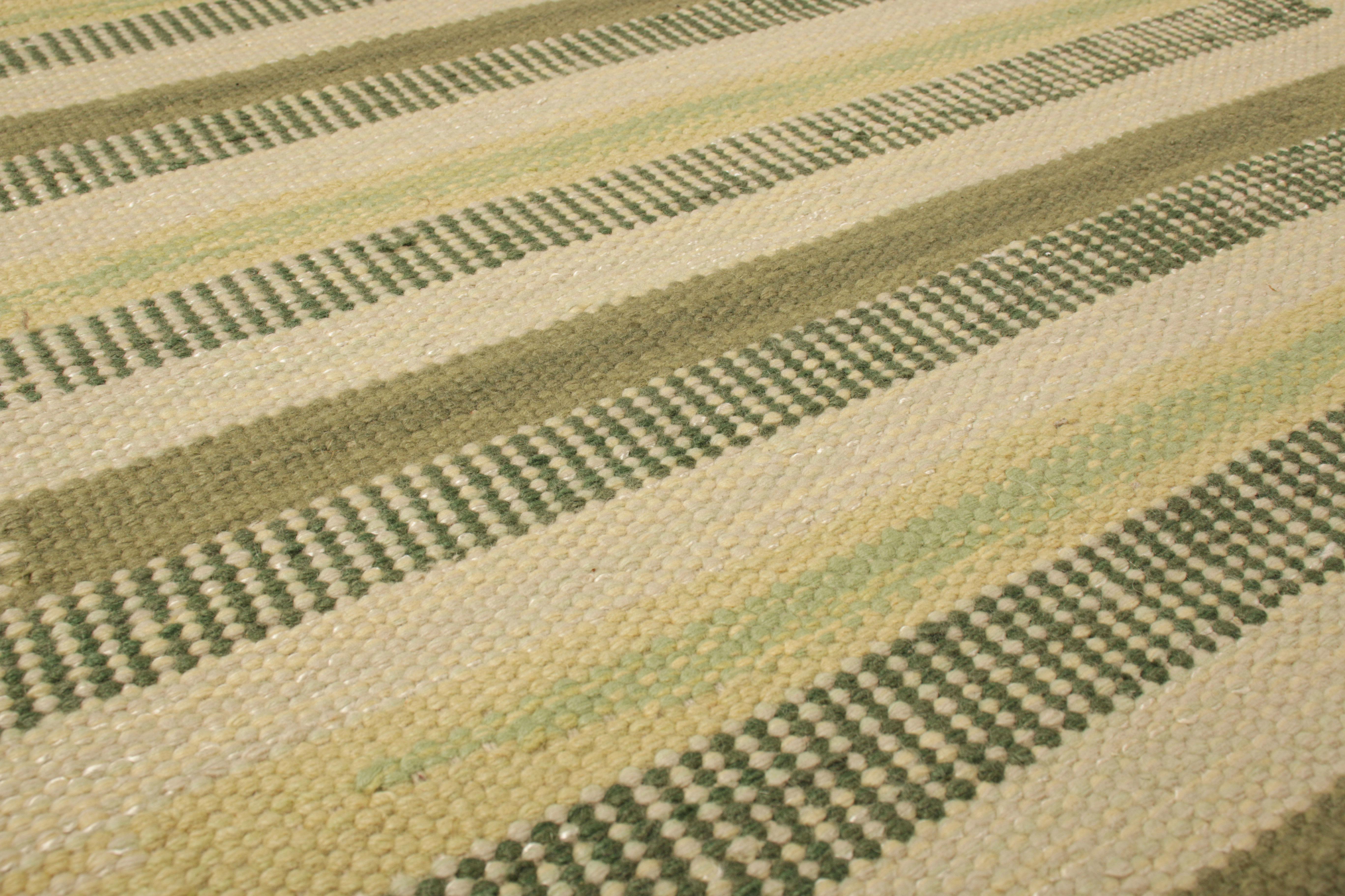 From an exciting new collection of gift-size pieces, this 3x5 Swedish-style accent rug is a bold new addition to the Scandinavian Collection by Rug & Kilim. Handwoven in a wool flatweave with undyed natural yarns as well, its design is inspired by