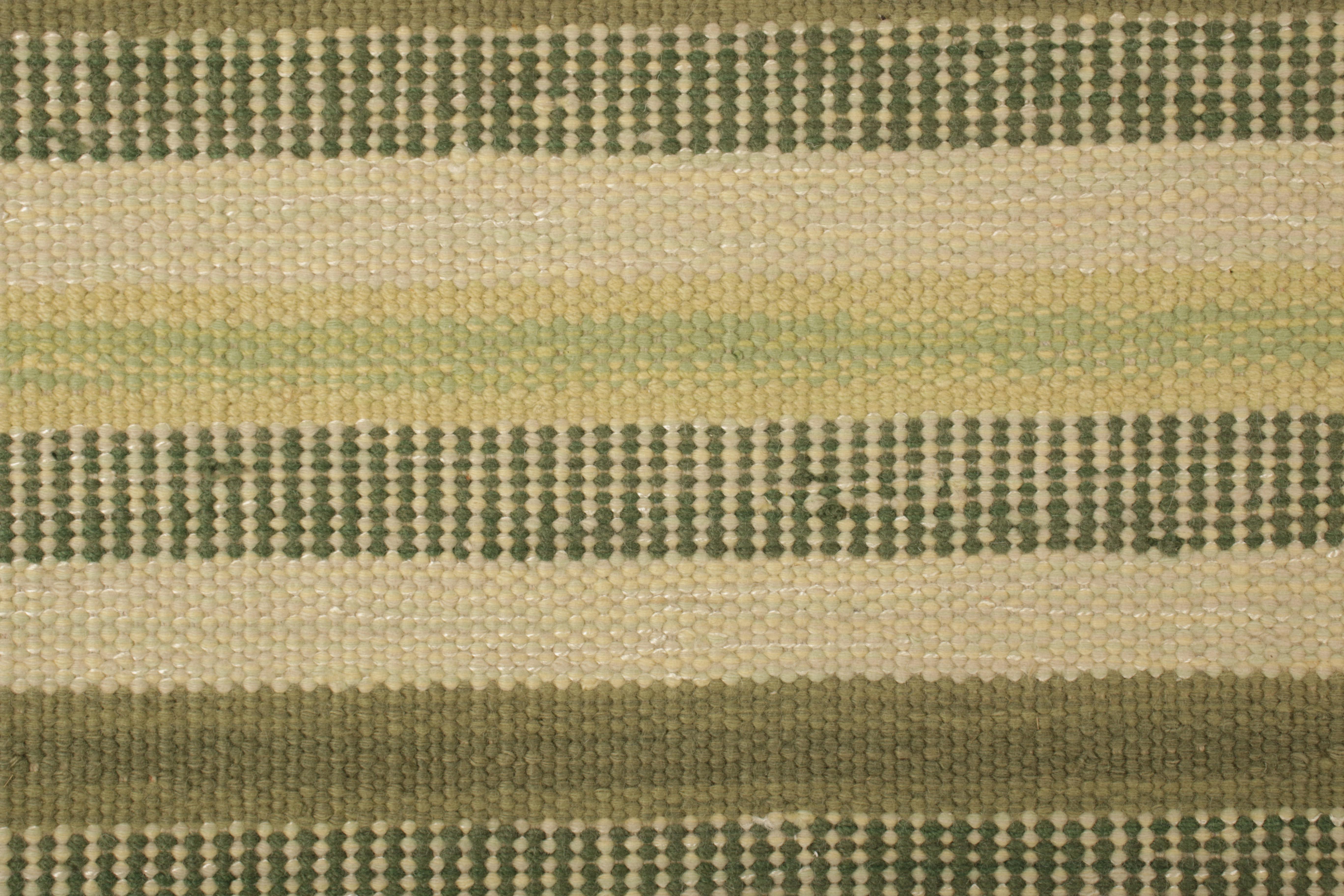 Indian Rug & Kilim’s Scandinavian Style Rug in Beige, with Green Geometric Stripes For Sale