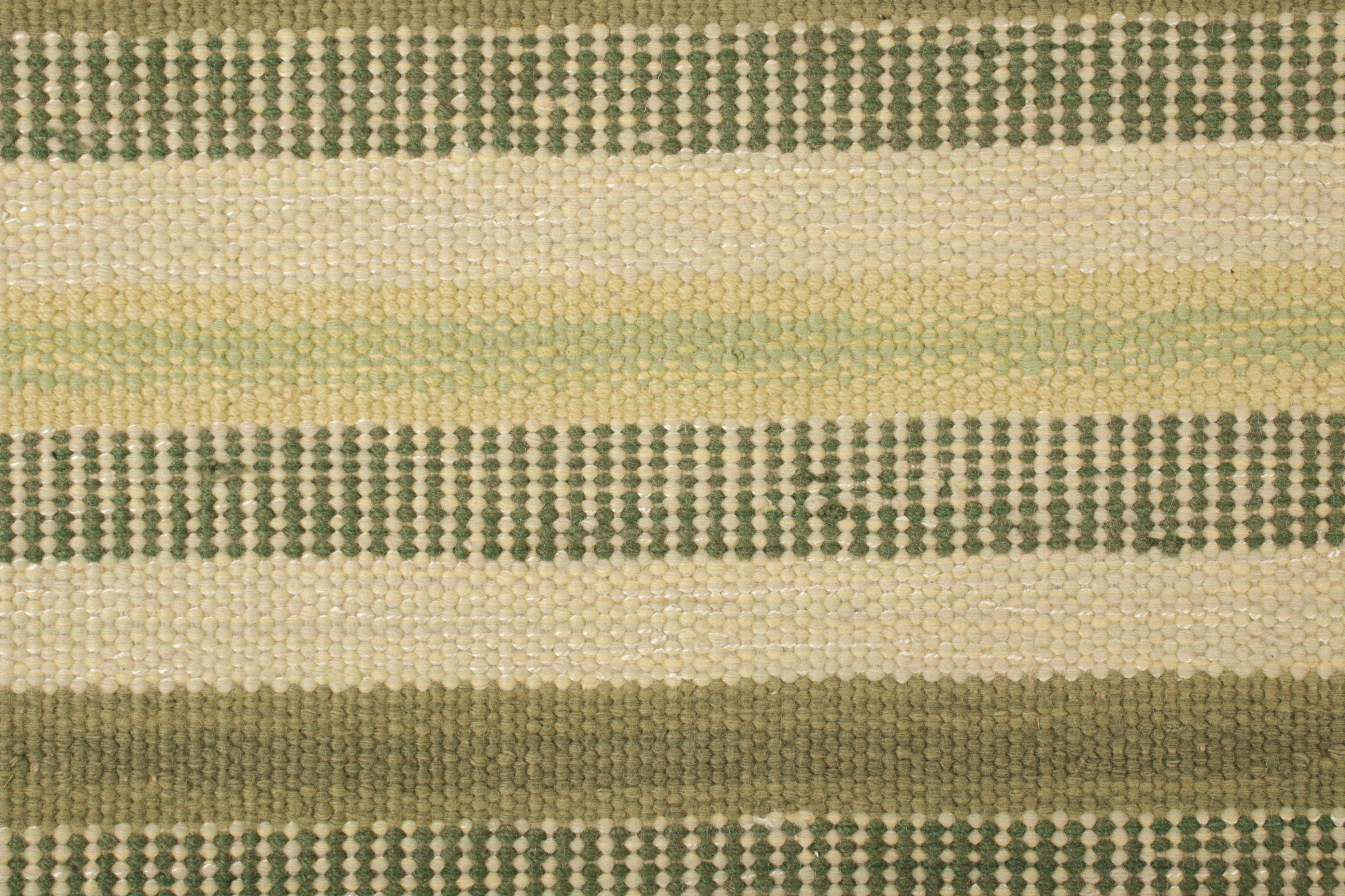 Indian Rug & Kilim’s Scandinavian Style Rug in Beige, with Green Geometric Stripes For Sale