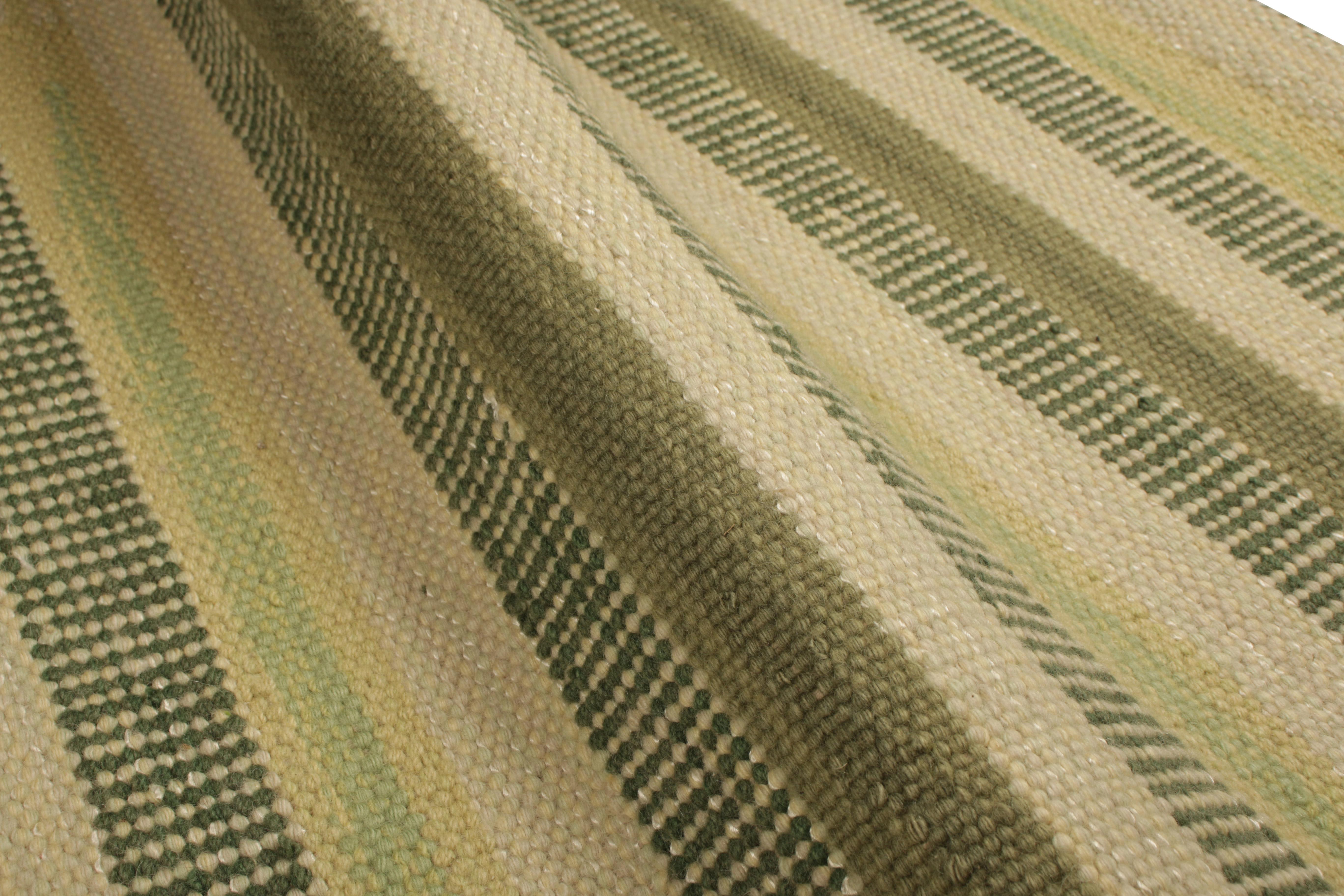 Hand-Woven Rug & Kilim’s Scandinavian Style Rug in Beige, with Green Geometric Stripes For Sale