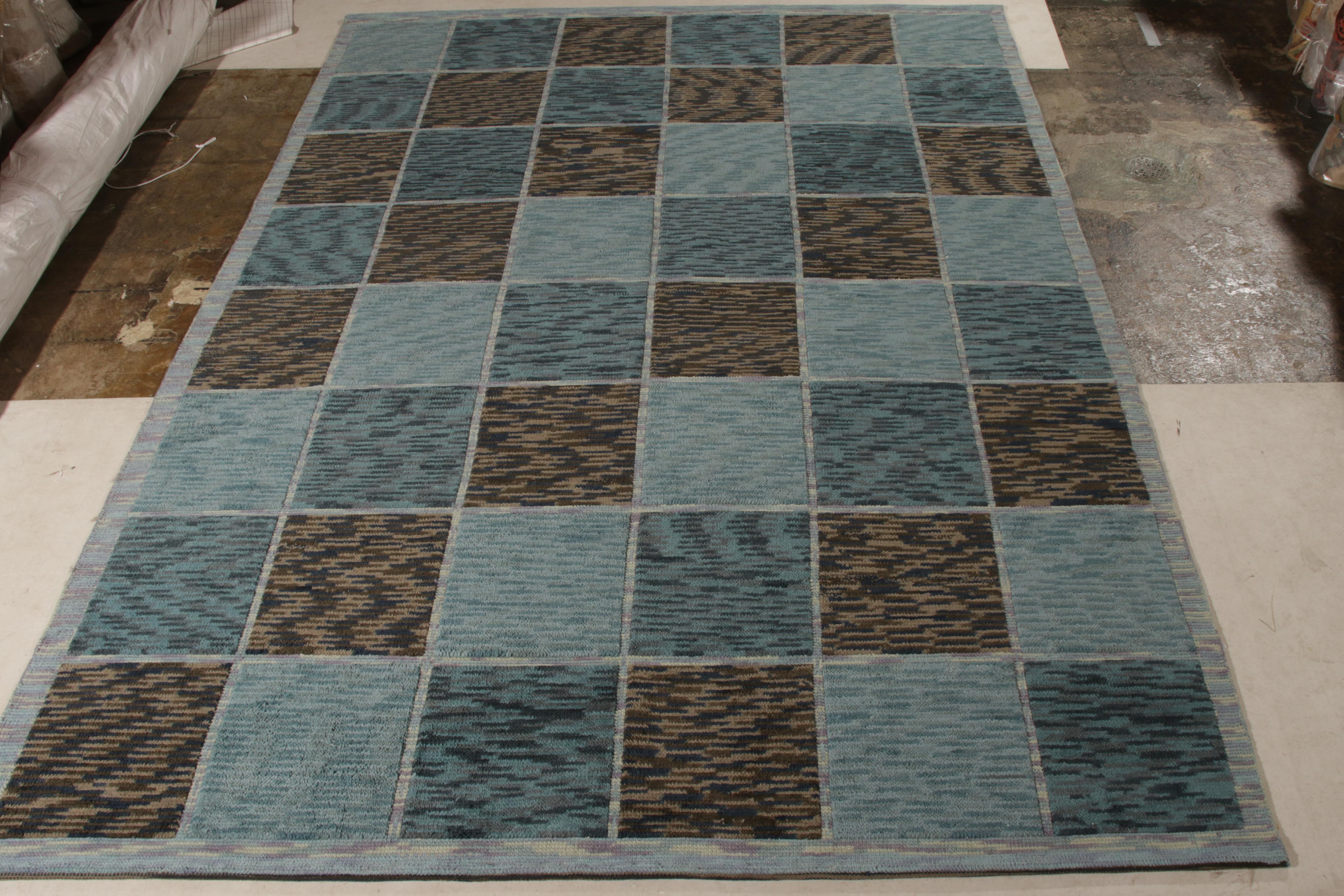 Contemporary Rug & Kilim’s Scandinavian Style Rug in Blue and Beige-Brown Geometric Pattern For Sale