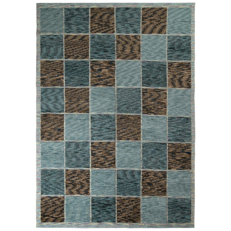 Rug & Kilim’s Scandinavian Style Rug in Blue and Beige-Brown Geometric Pattern For Sale