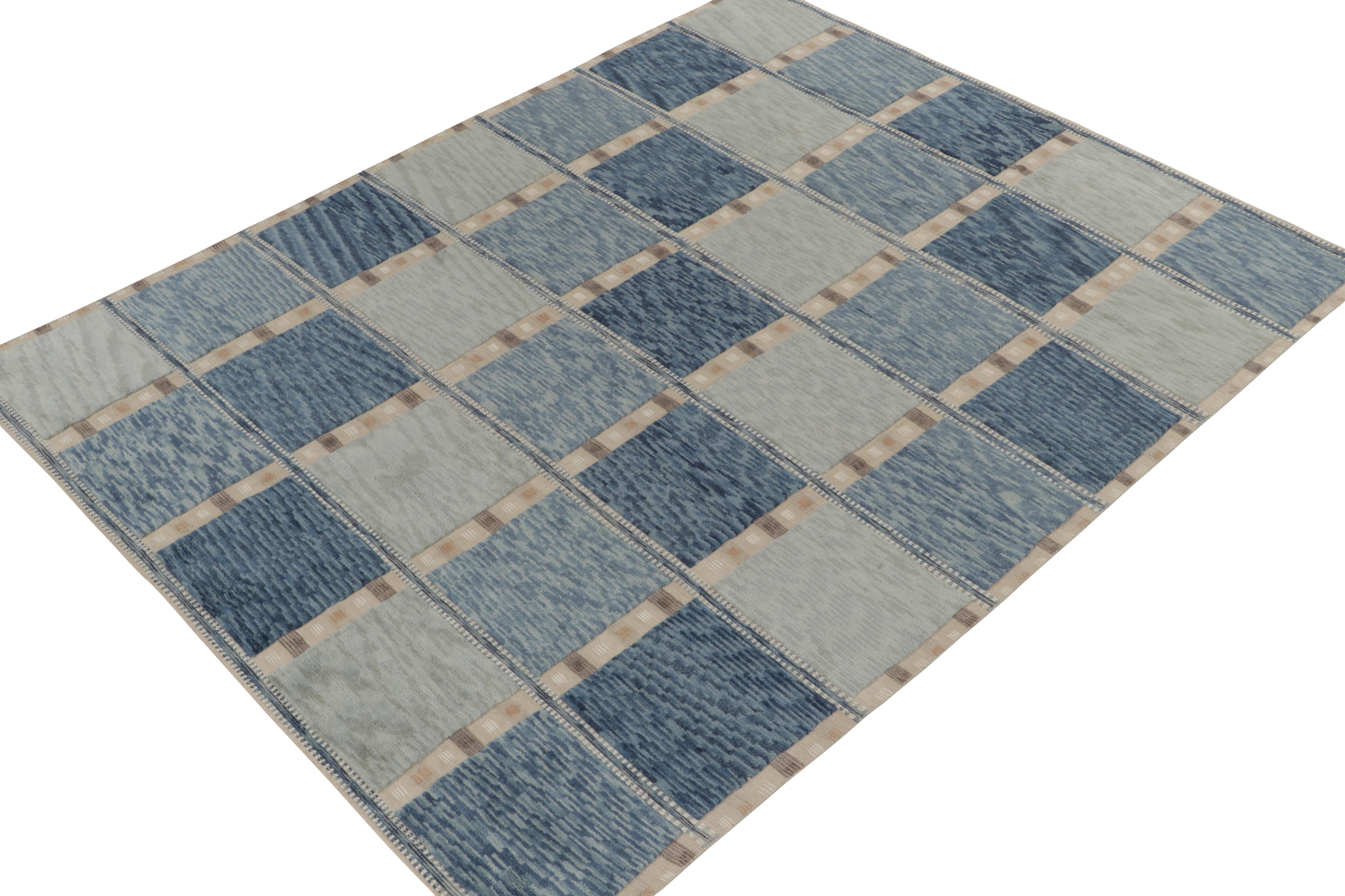 Rug & Kilim’s innovative take on Scandinavian style, from our celebrated finer weave line of the titular award-winning collection. This 8x10 rug recaptures the finesse of Swedish Deco aesthetics with a smart geometric pattern in variegated tones of