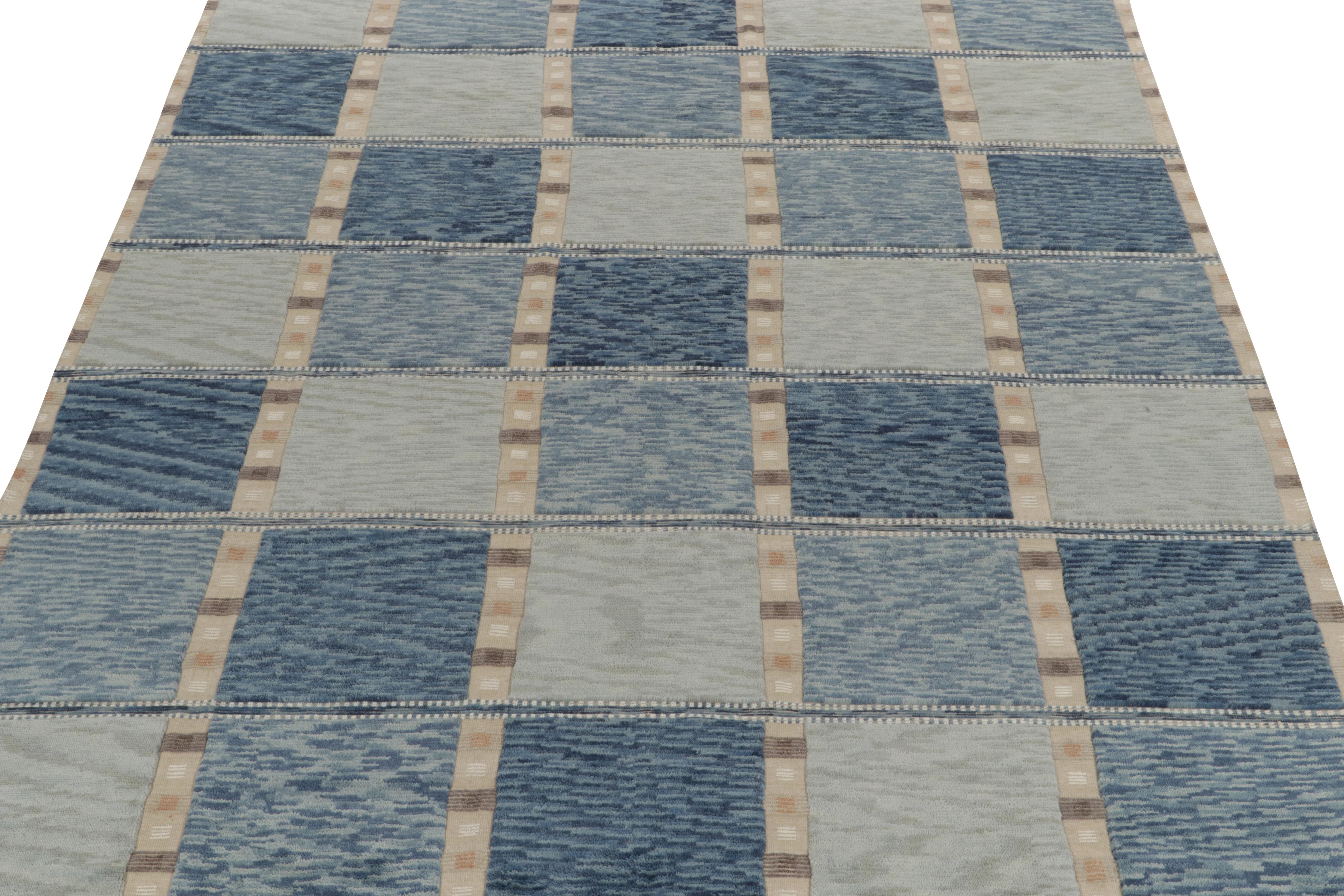 Scandinavian Modern Rug & Kilim’s Scandinavian Style Rug in Blue and Beige-Brown Geometric Patterns For Sale