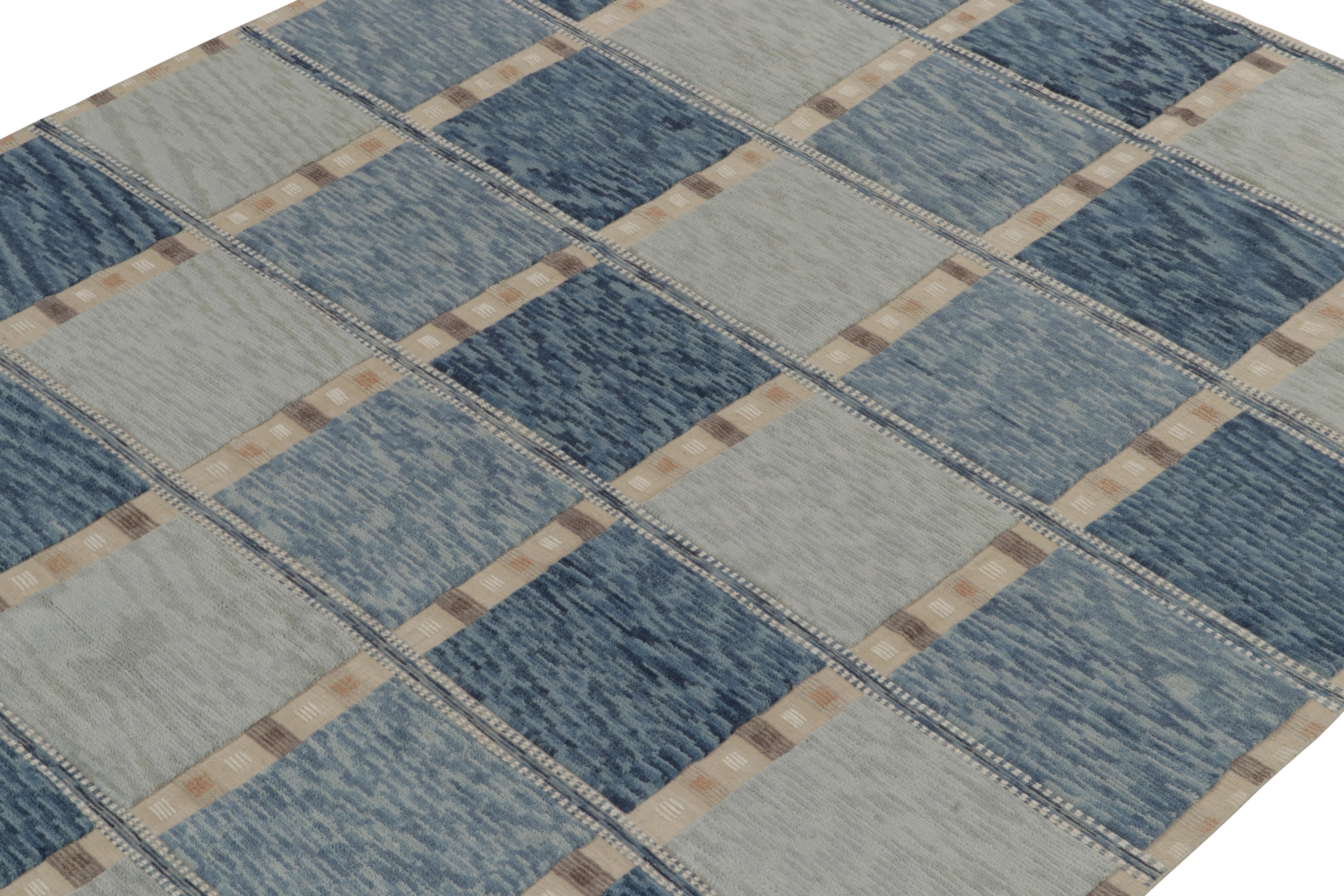 Teppich &amp; Kilims Skandinavischer Stil Teppich in Blau und Beige-Brown mit geometrischen Mustern (Indisch) im Angebot
