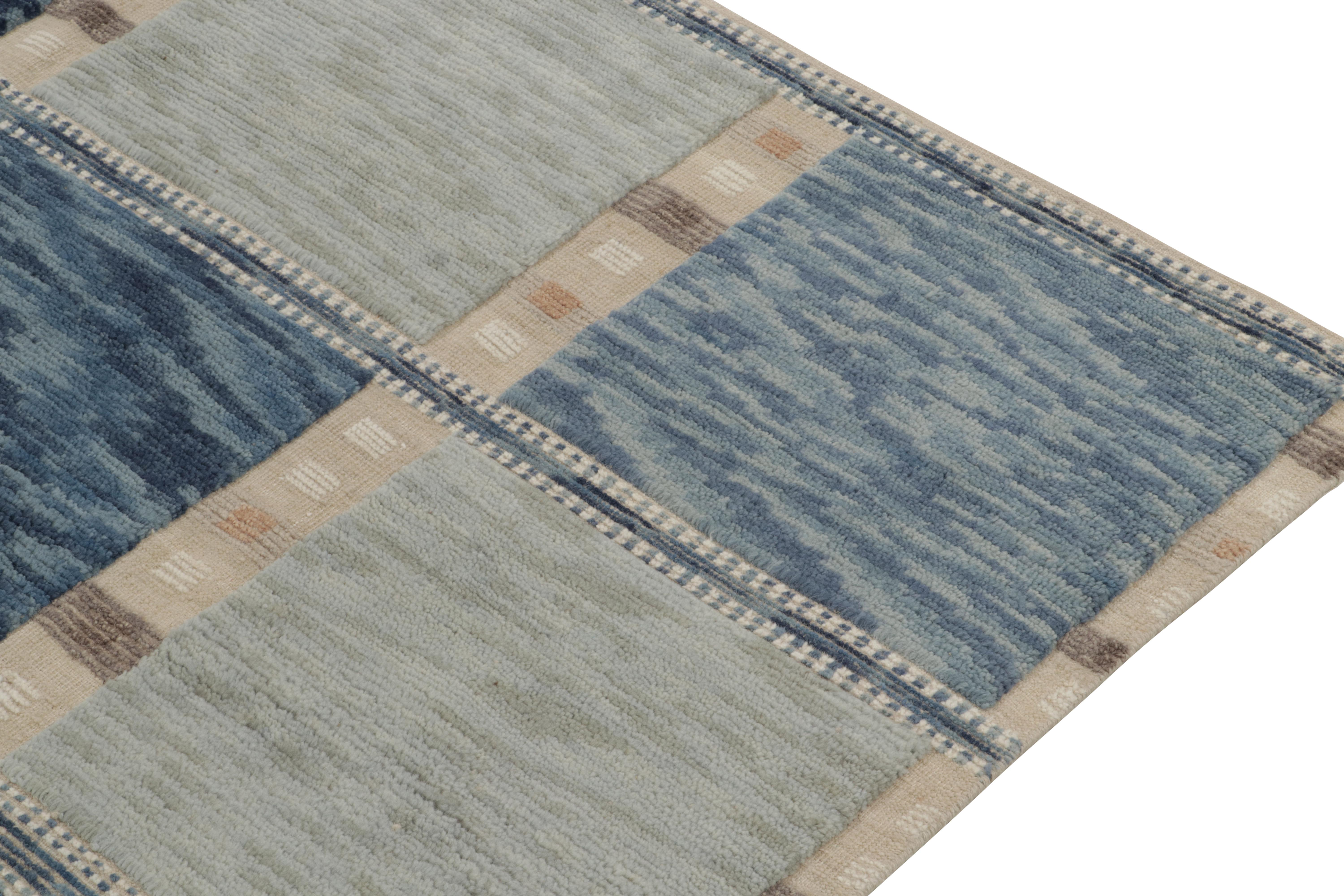 Hand-Knotted Rug & Kilim’s Scandinavian Style Rug in Blue and Beige-Brown Geometric Patterns For Sale