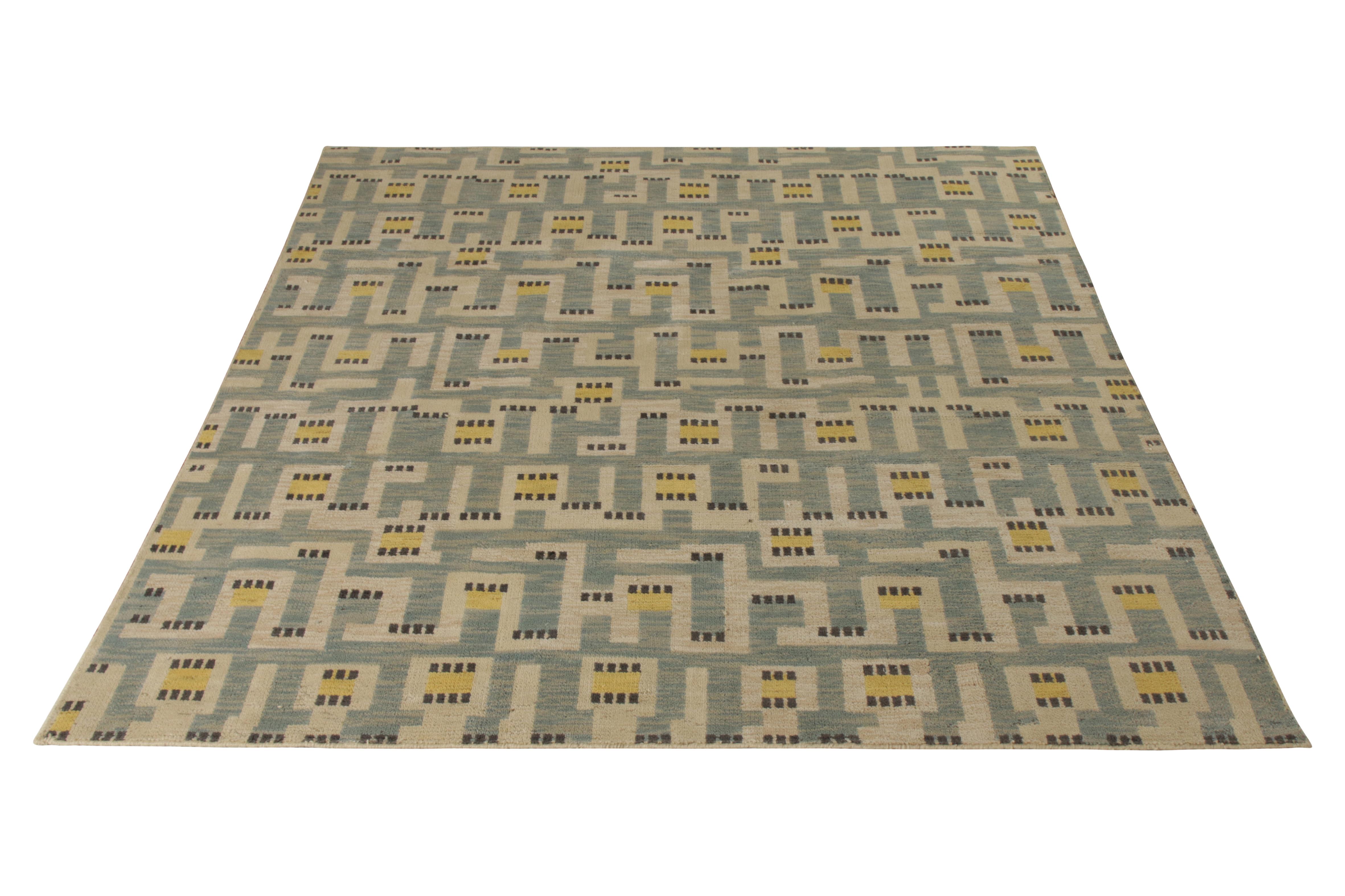 Hand knotted in texturally soft, inviting wool pile, this modern 8 x 10 rug hails from the latest pile additions to Rug & Kilim’s Scandinavian collection, a celebration of Swedish modernism with new large scale geometry and exciting vintage