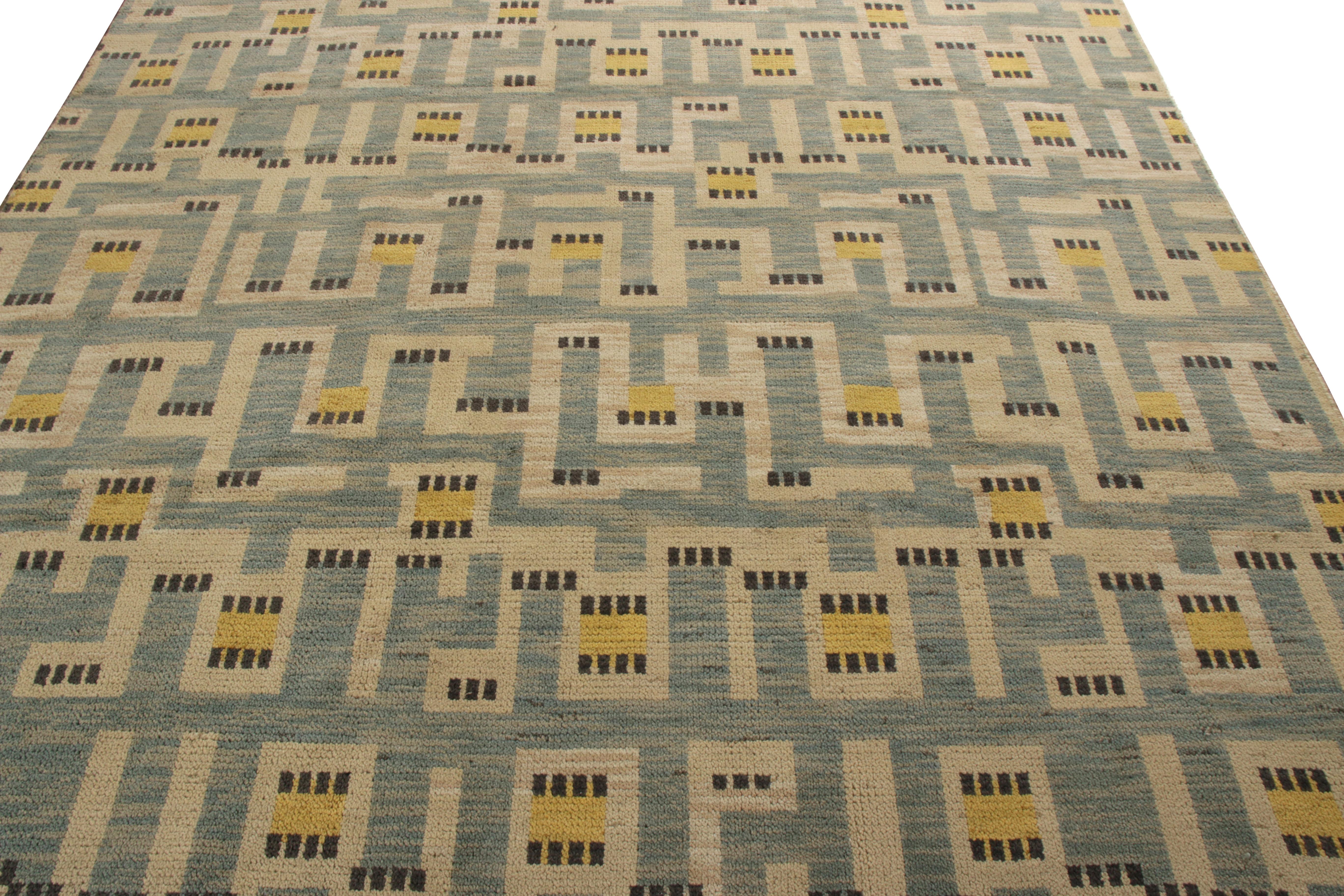 Indian Rug & Kilim’s Scandinavian Style Rug in Blue and Beige Geometric Pattern For Sale