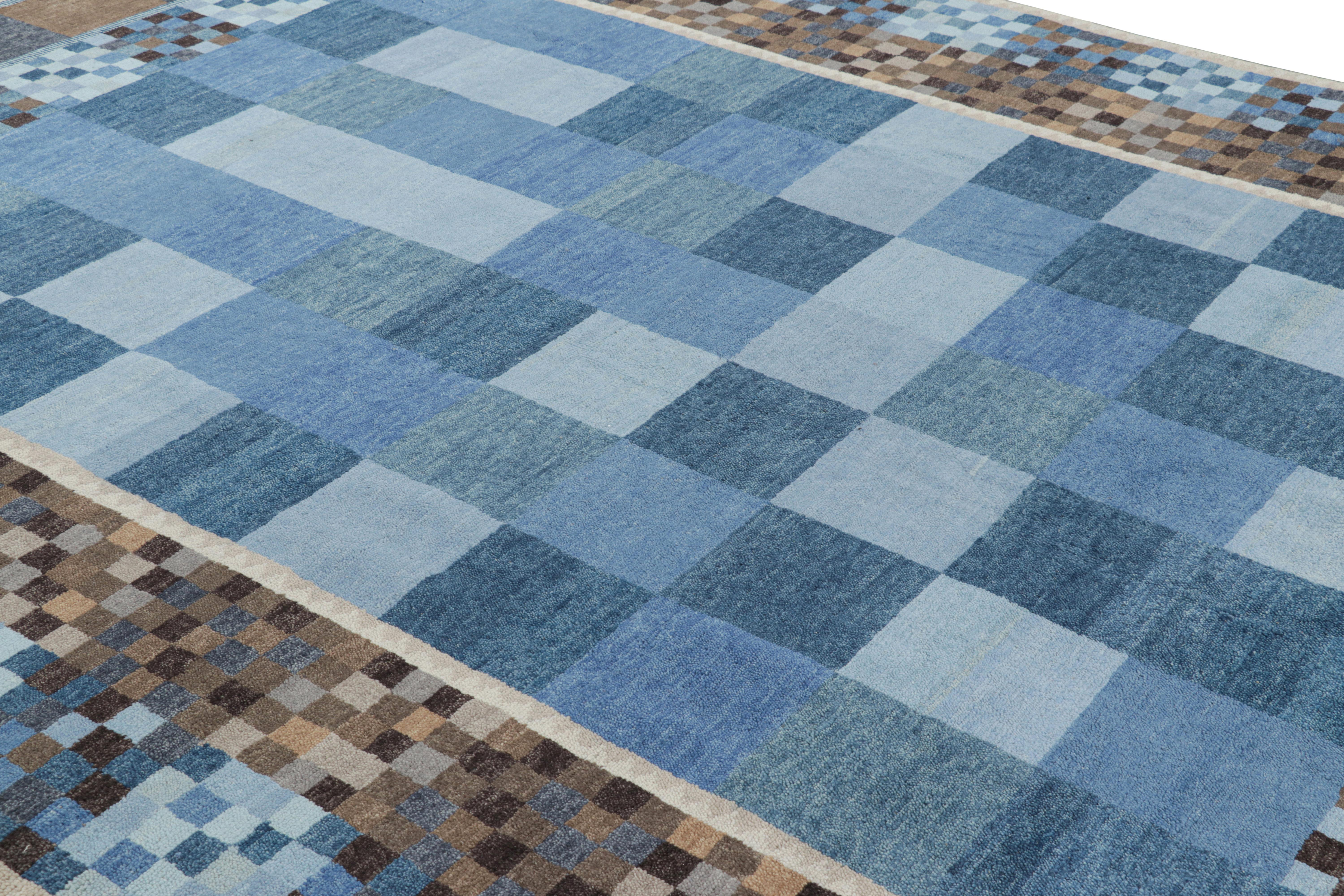 Realizzato in lana annodata a mano, questo tappeto 9x12 è un'entusiasmante novità della collezione di tappeti scandinavi di Rug & Kilim: una rivisitazione contemporanea del minimalismo svedese e dei tappeti e tessuti vintage delle tradizioni
