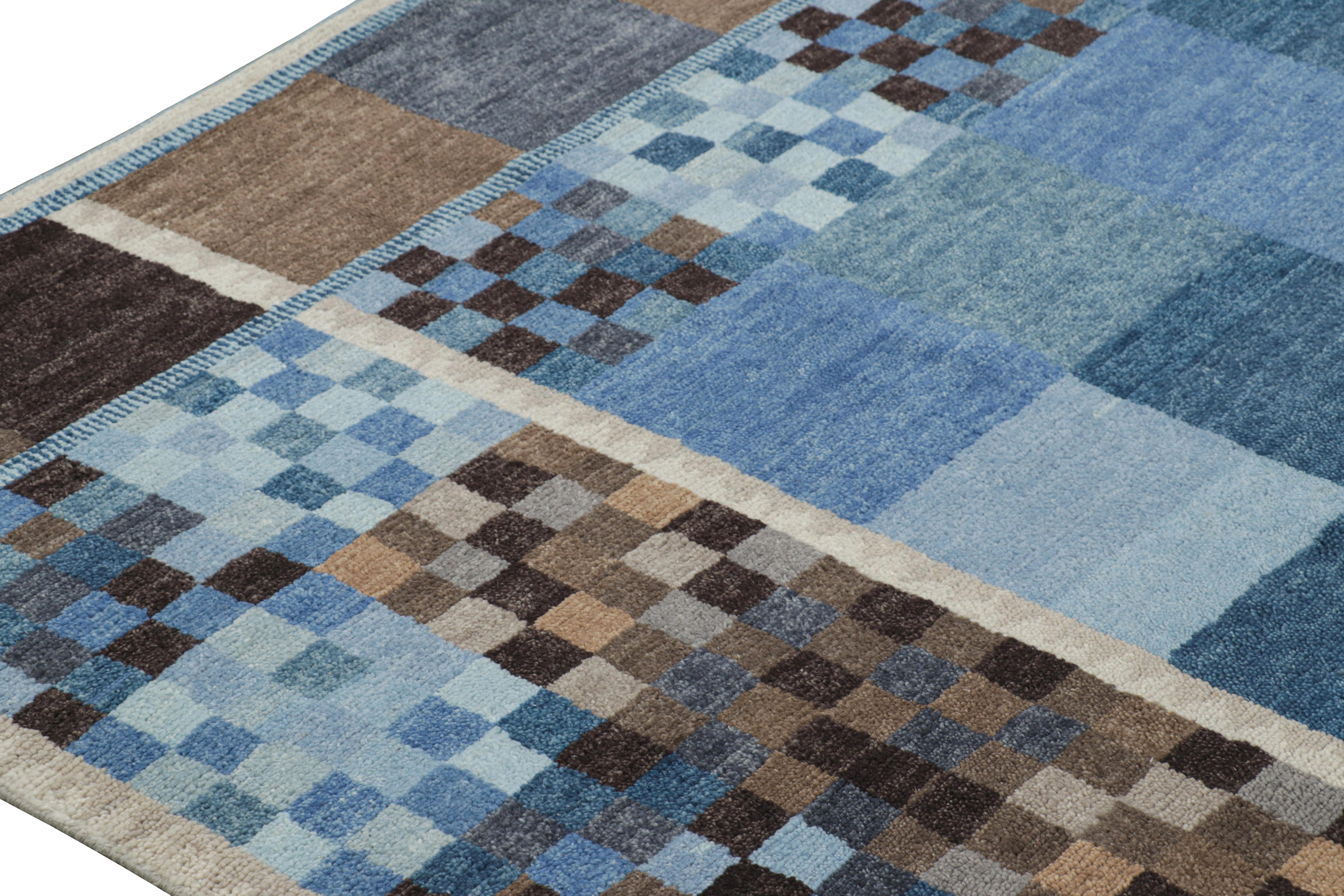 Modern Rug & Kilim’s Scandinavian Style Rug in Blue and Brown with Geometric Patterns For Sale
