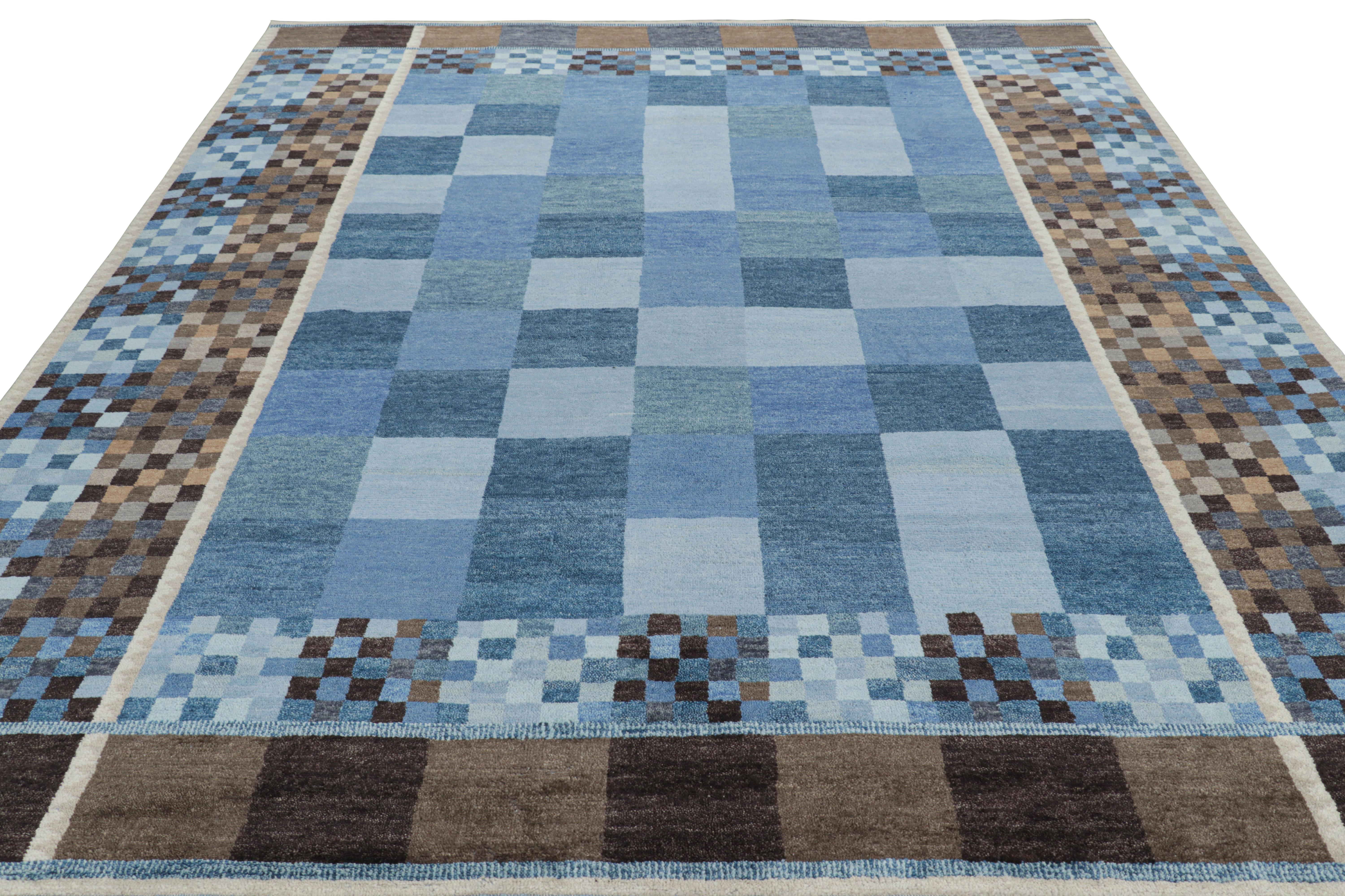 Indian Rug & Kilim’s Scandinavian Style Rug in Blue and Brown with Geometric Patterns For Sale