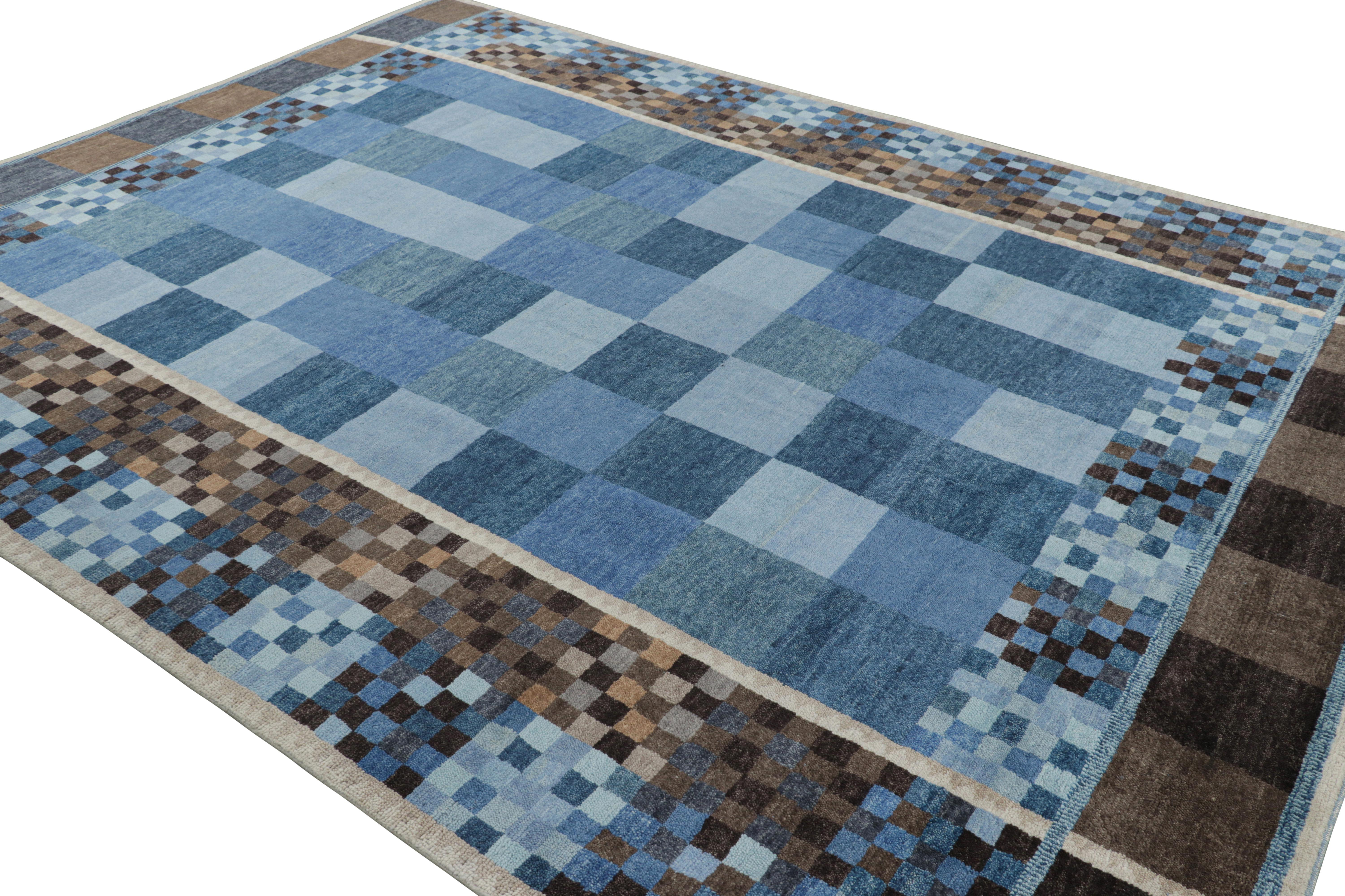 Hand-Knotted Rug & Kilim’s Scandinavian Style Rug in Blue and Brown with Geometric Patterns For Sale