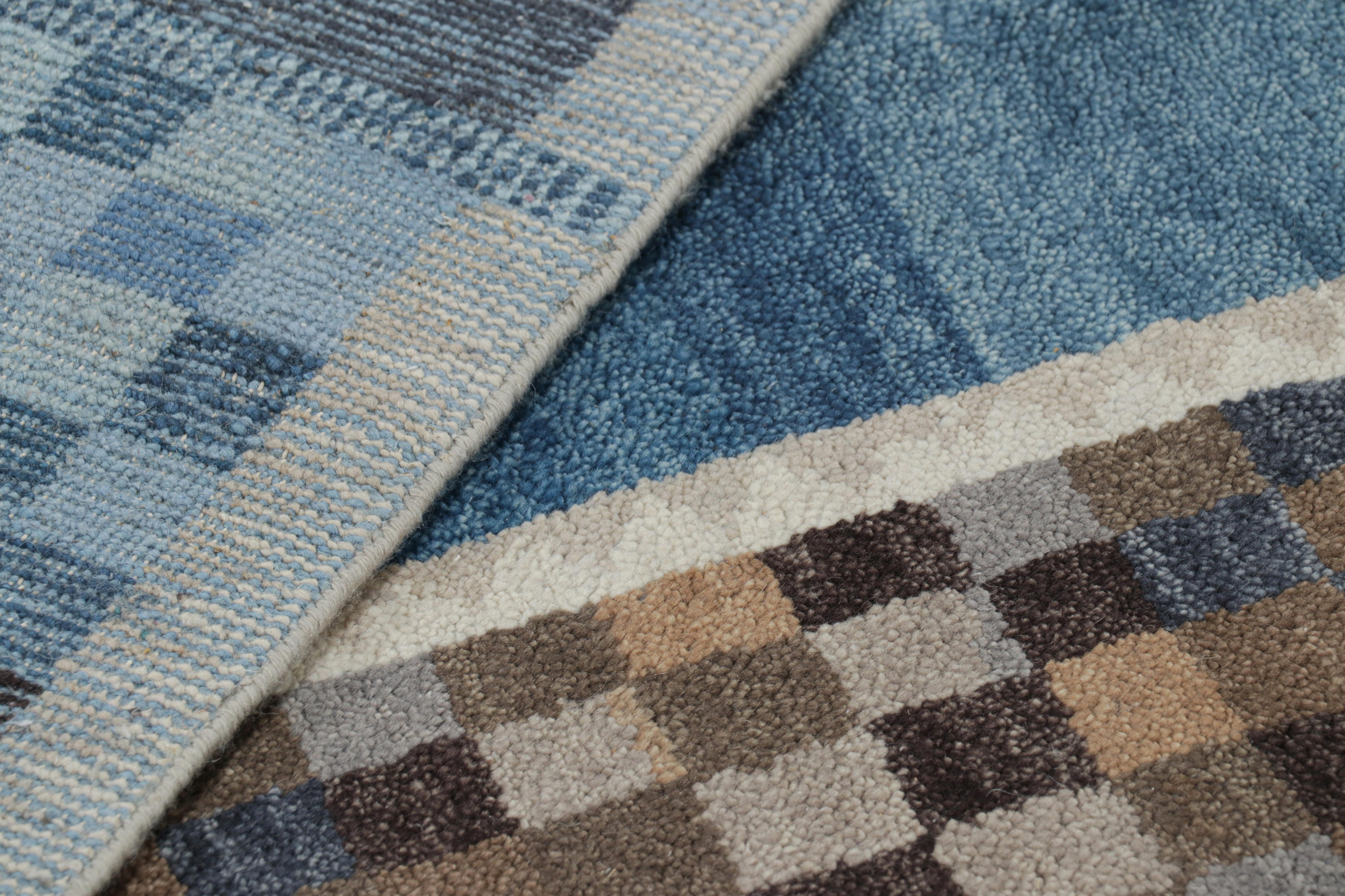 Contemporary Rug & Kilim’s Scandinavian Style Rug in Blue and Brown with Geometric Patterns For Sale