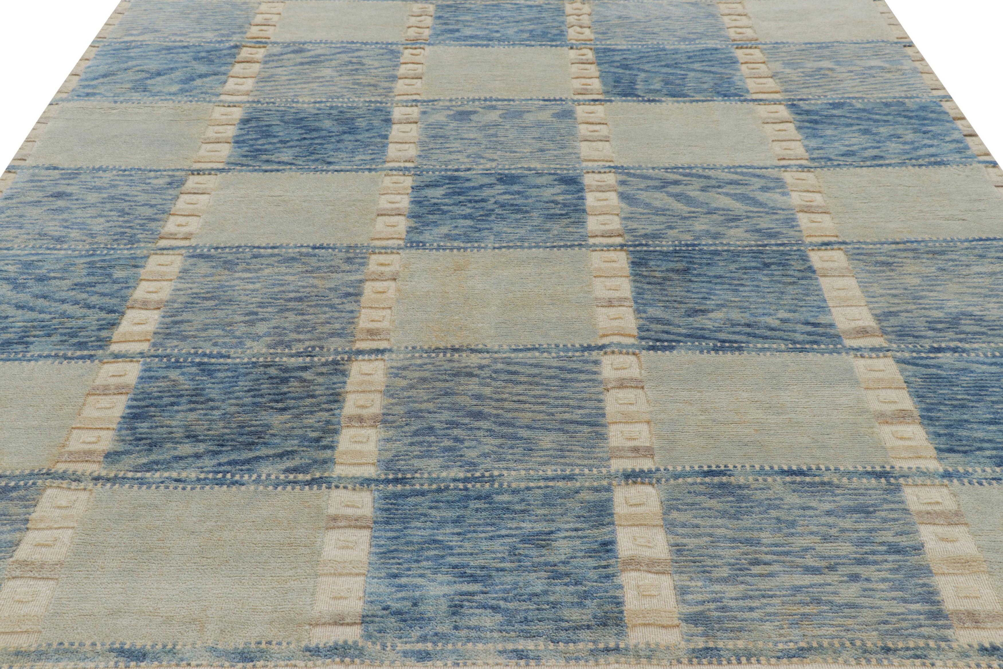Indian Rug & Kilim’s Scandinavian Style Rug in Blue and Cream with Geometric Patterns For Sale