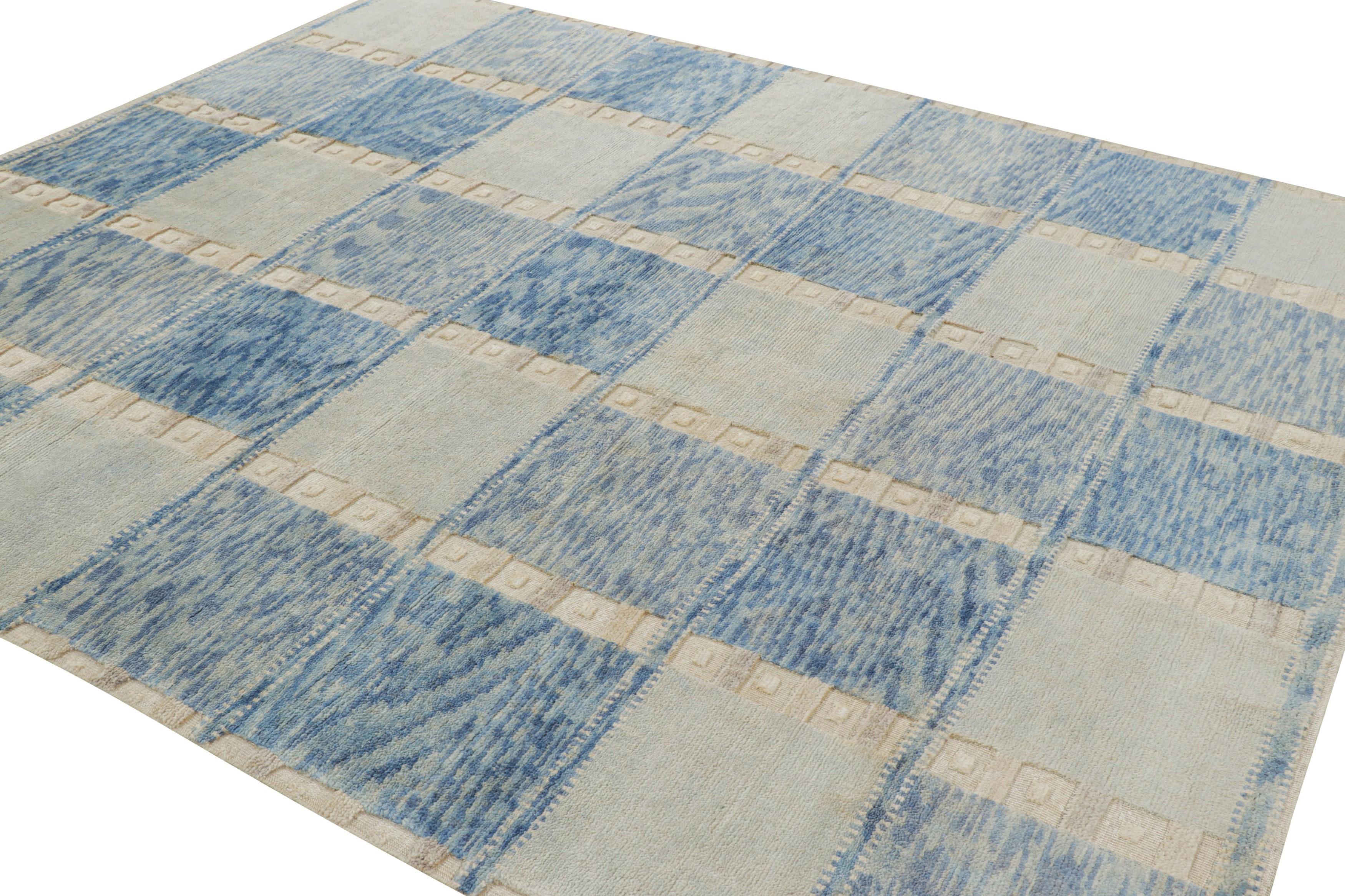 Hand-Knotted Rug & Kilim’s Scandinavian Style Rug in Blue and Cream with Geometric Patterns For Sale