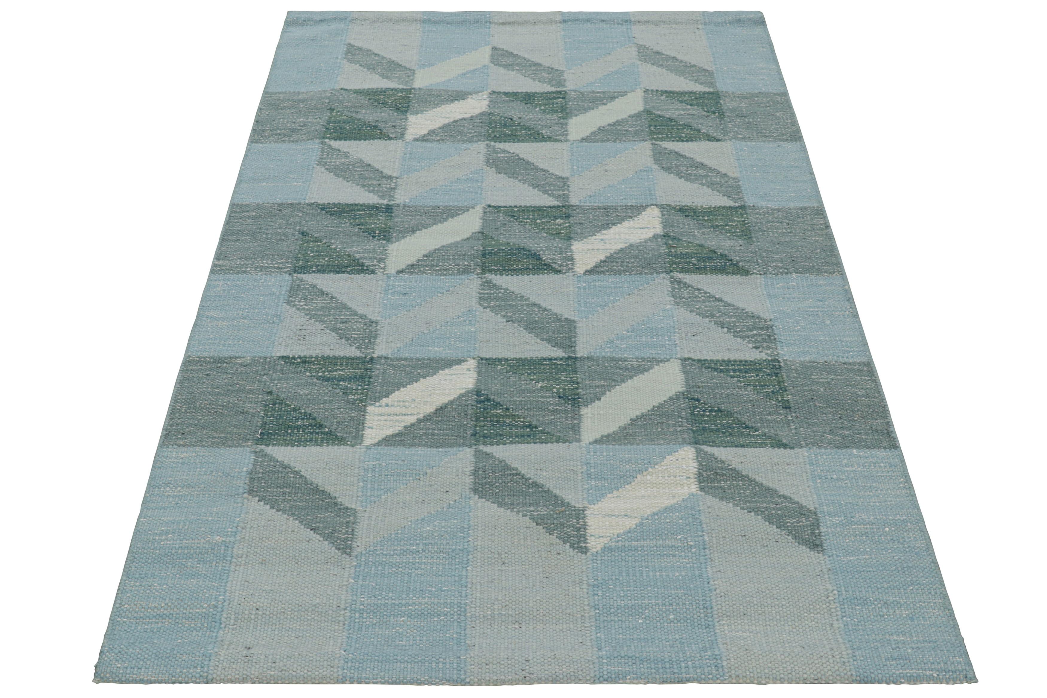 Indian Rug & Kilim’s Scandinavian Style Rug in Blue and Gray with Geometric Patterns For Sale