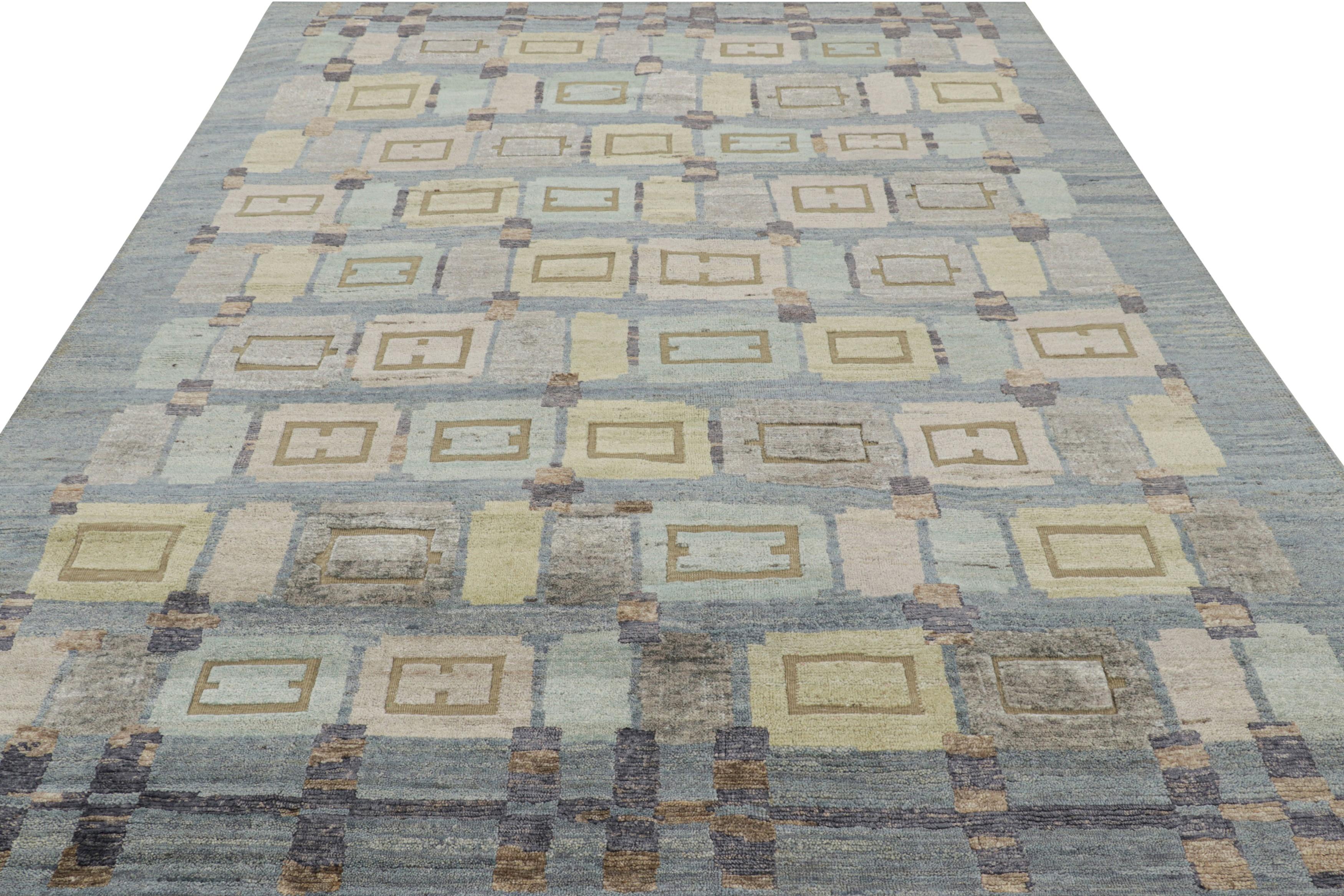 Rug & Kilim's Teppich im skandinavischen Stil in Blau und Grau mit geometrischen Mustern (Handgeknüpft) im Angebot