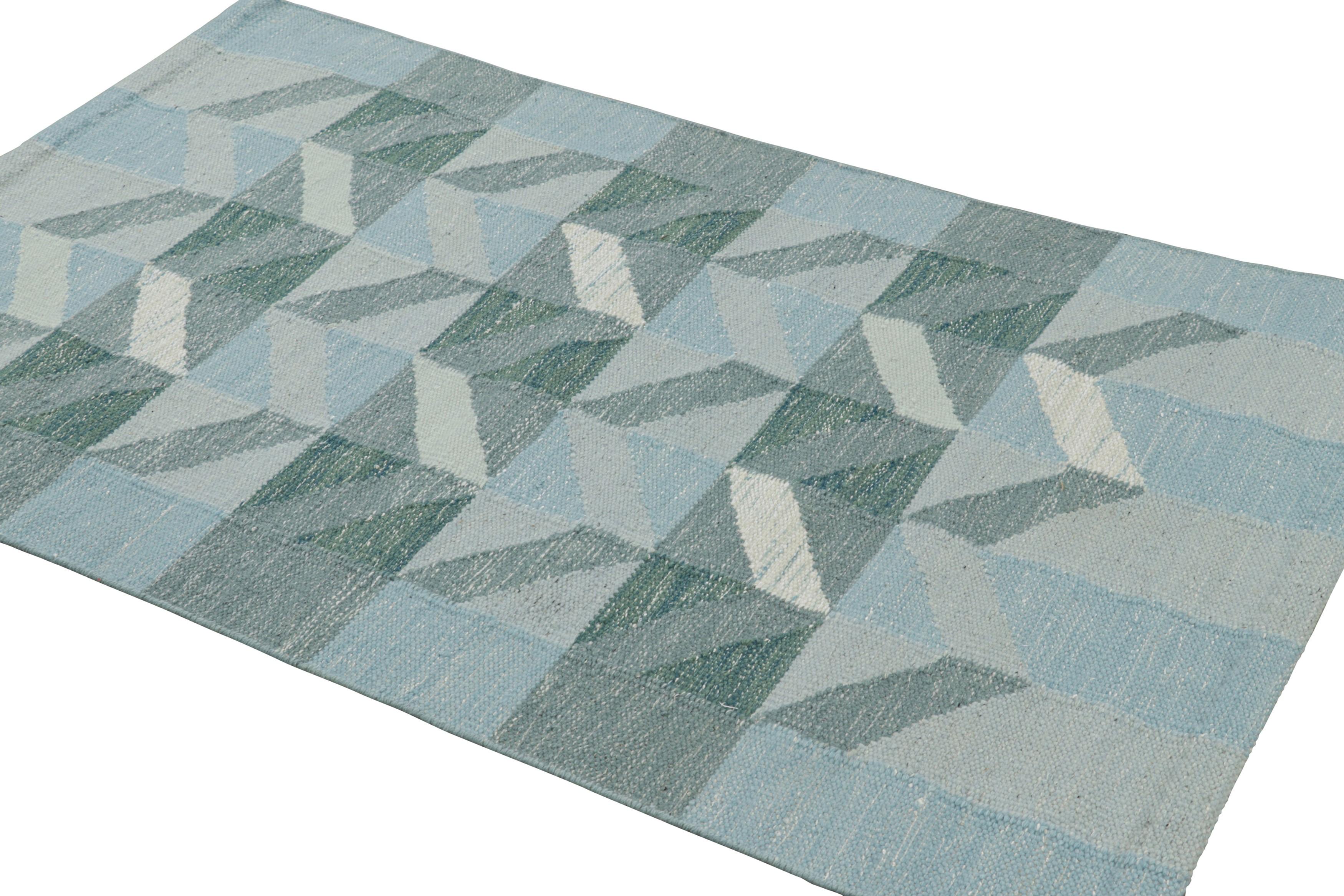 Hand-Woven Rug & Kilim’s Scandinavian Style Rug in Blue and Gray with Geometric Patterns For Sale