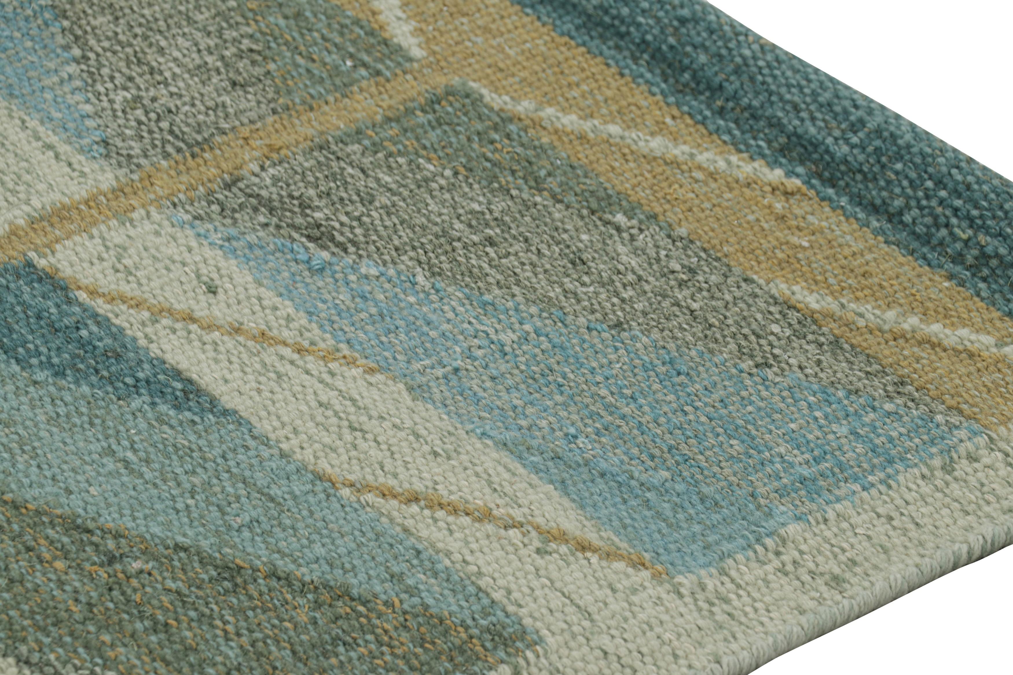 Modern Rug & Kilim’s Scandinavian Style Rug in Blue and Green with Chevron Patterns For Sale