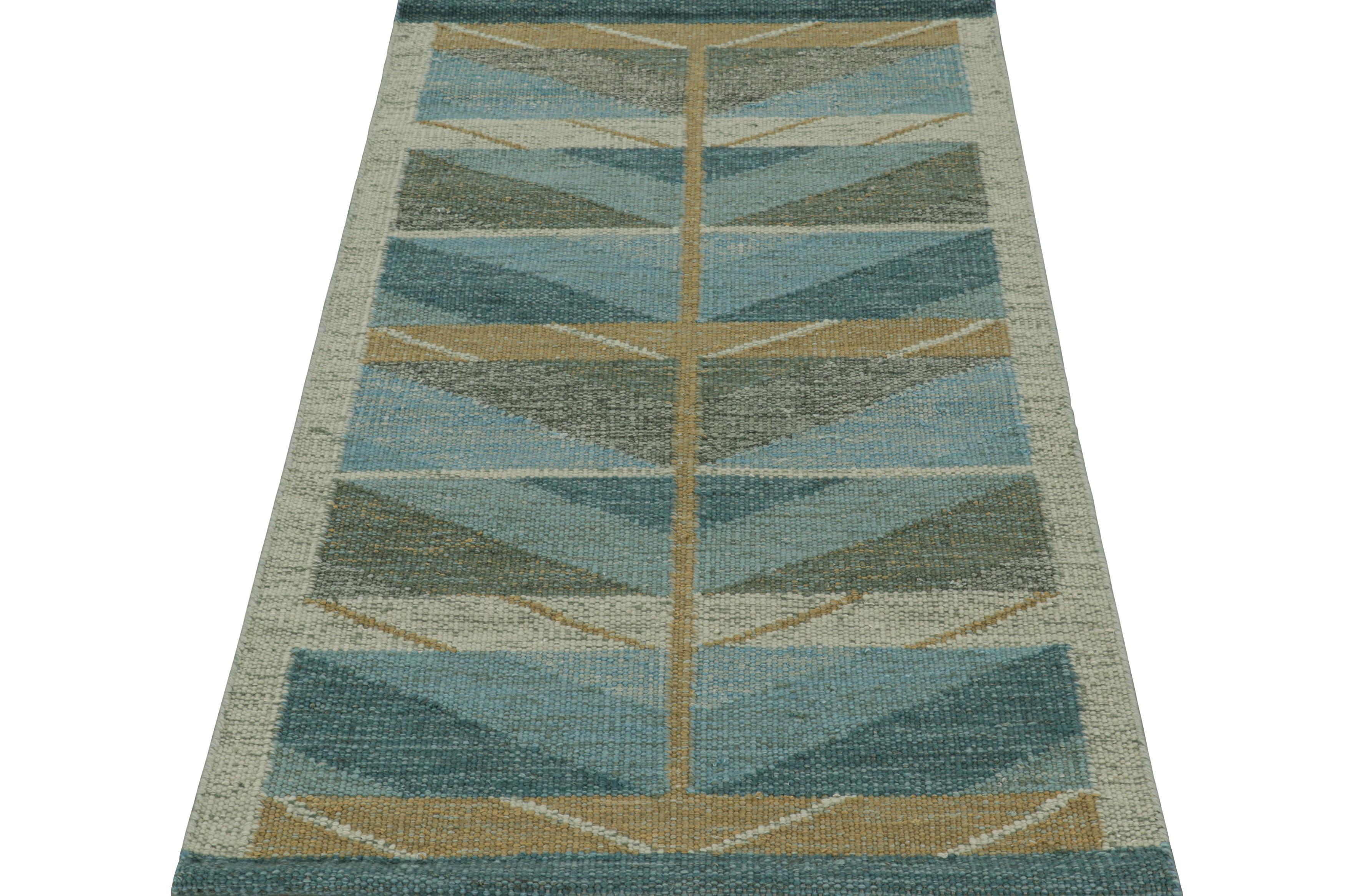 Hand-Woven Rug & Kilim’s Scandinavian Style Rug in Blue and Green with Chevron Patterns For Sale