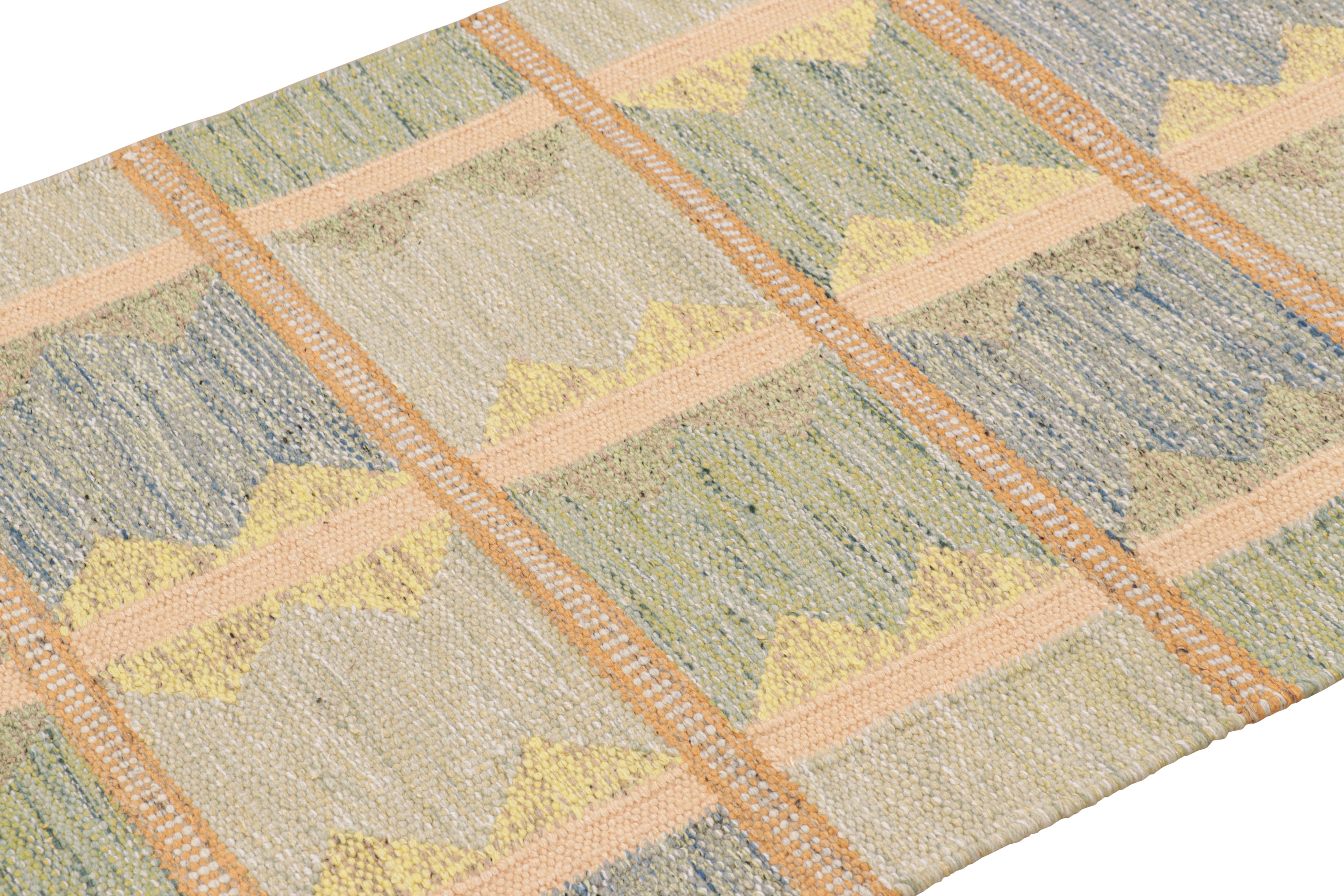 Questo kilim scandinavo 3x5, tessuto a mano in lana, dalla nostra celebre trama piatta della premiata collezione, gode della finezza dell'estetica svedese con un motivo geometrico. 

Sul design: 

Gli ammiratori dell'artigianato potranno ammirare il