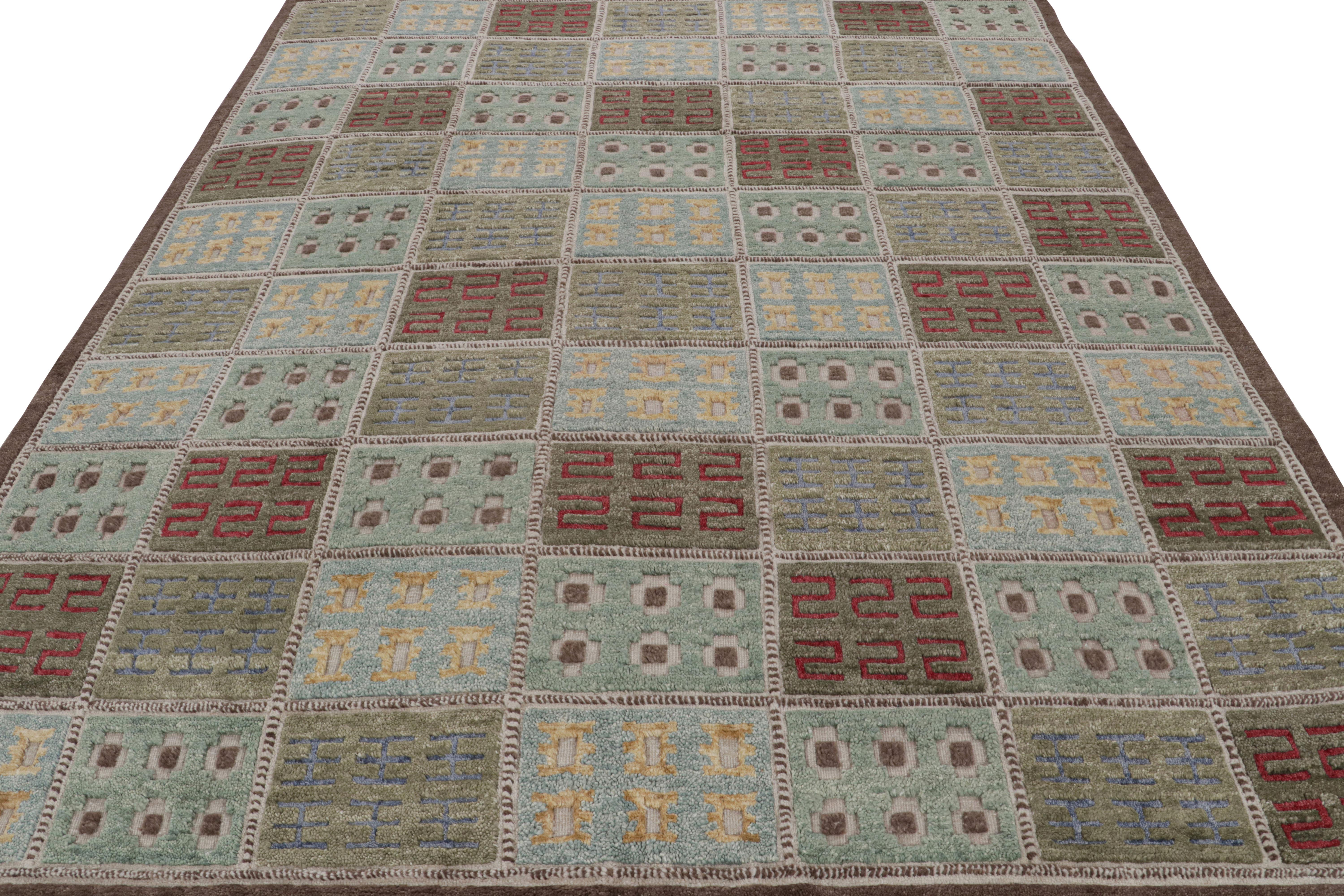 Scandinavo moderno Rug & Kilim - Tappeto in stile scandinavo in blu e verde con motivi geometrici in vendita