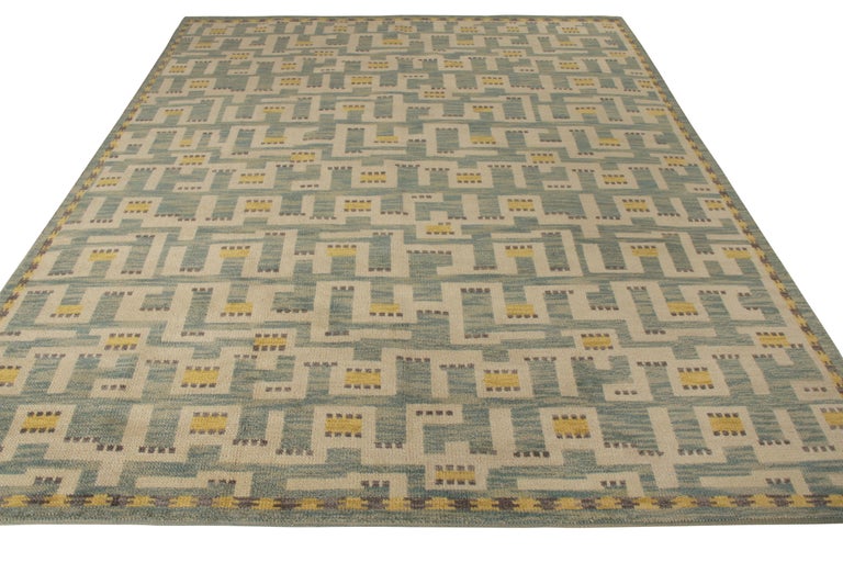 An 8 x 10 from Rug & Kilim’s Scandanavian Collection,inspired by mid-century Swedish Modernism to create a new language in design. The alluring influence can be witnessed in comfortable blue geometric patterns that move in complete symmetry across