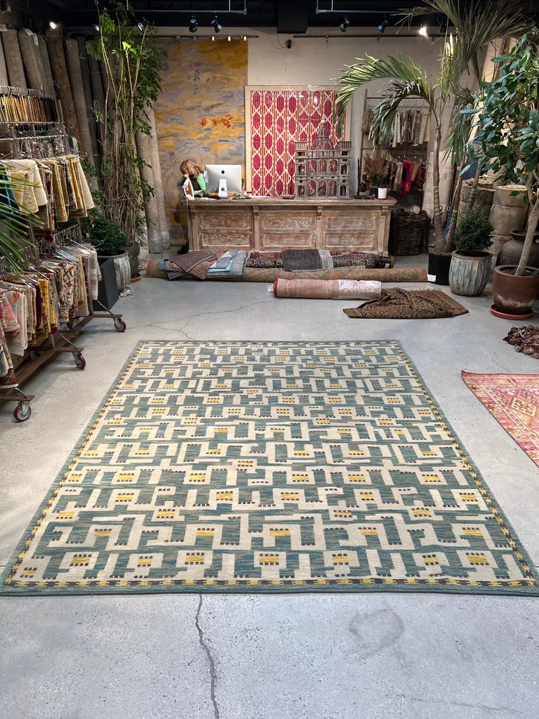Rug and Kilim’s Scandinavian Style Rug in Blue and Yellow Geometric