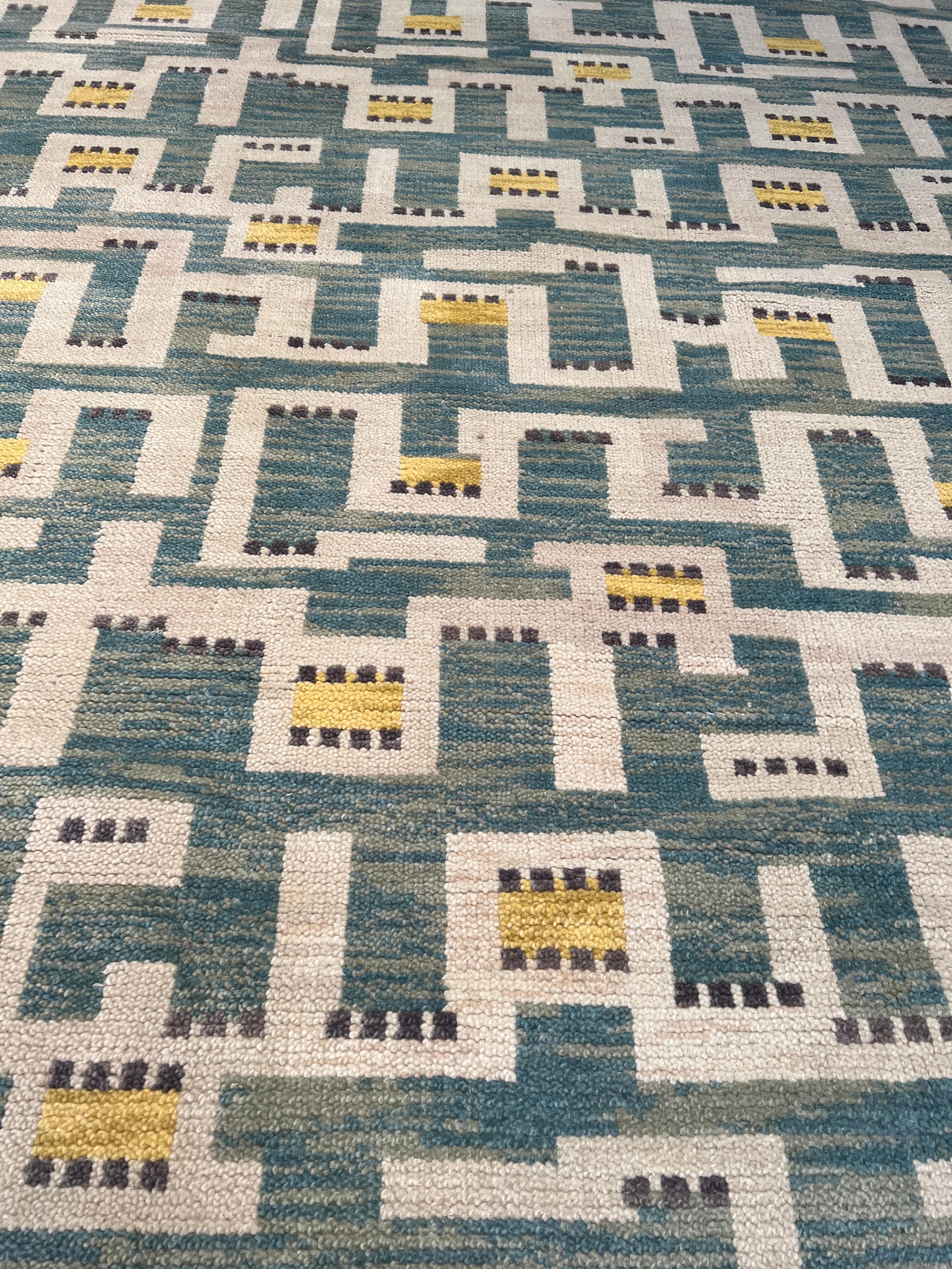 Contemporary Rug & Kilim’s Scandinavian Style Rug in Blue and Yellow Geometric Pattern For Sale